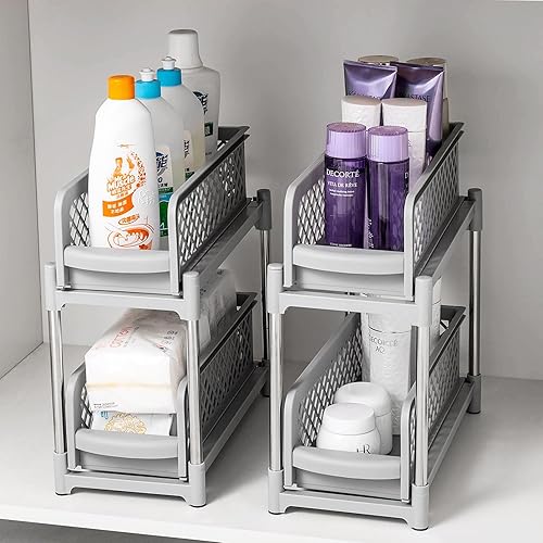 Organizador de armario extraíble de 2 niveles, almacenamiento de cesta deslizante, organizadores y almacenamiento debajo del fregadero, color gris