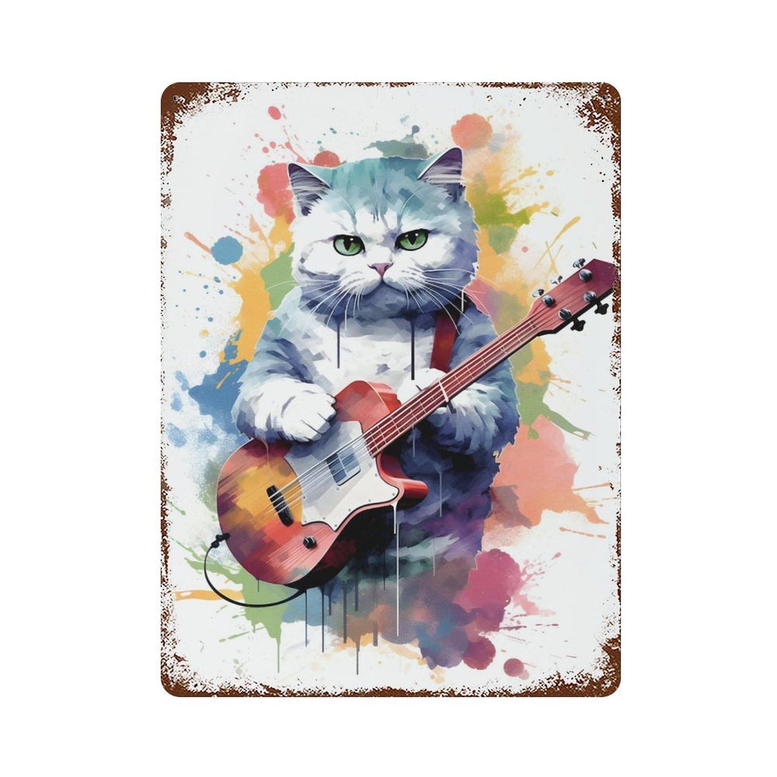 Scittish Fold Cat Guitars Vintage Rust Metal Sign 15.7"x11.8", Farmhouse Wall Decor for Garage, Pub Or Kitchen