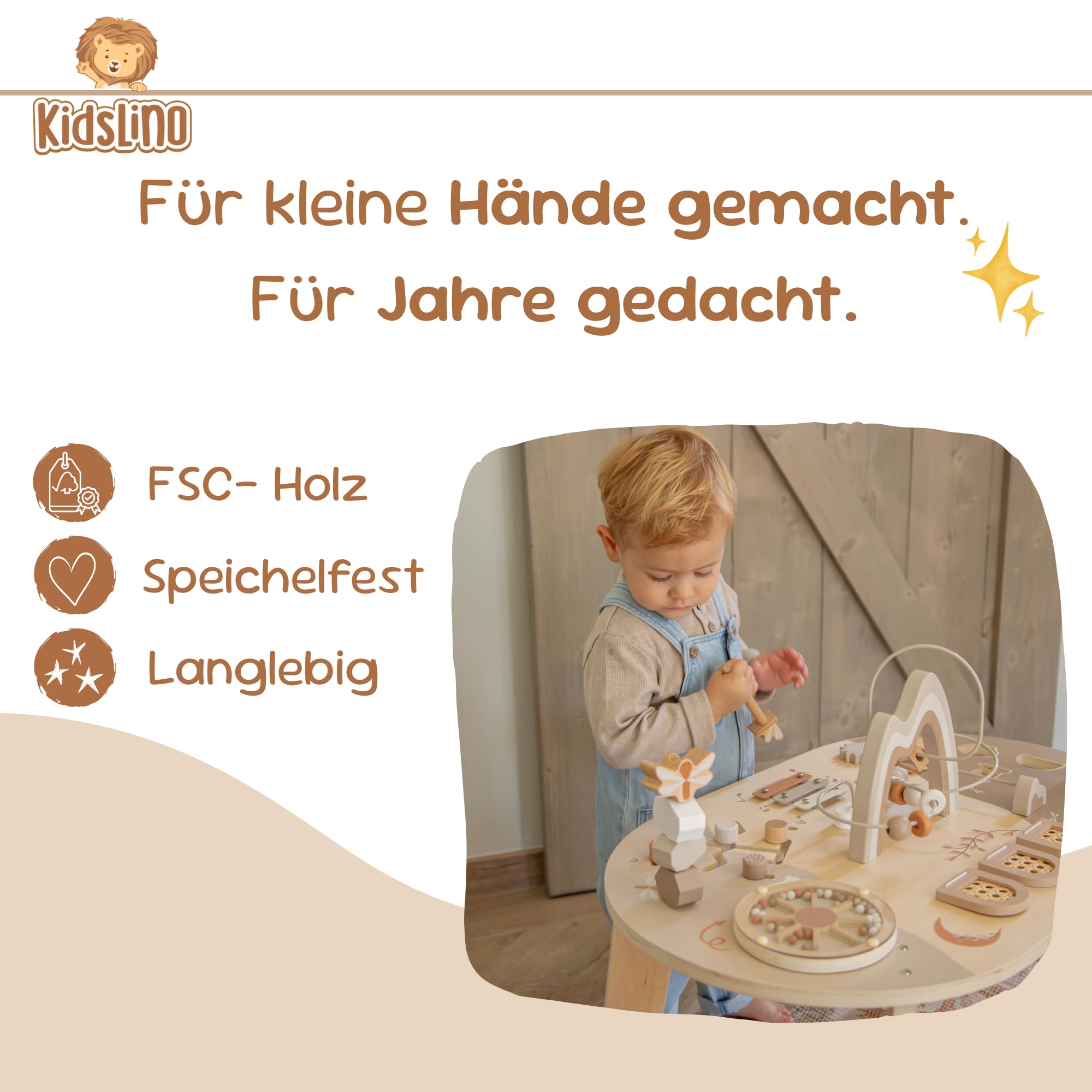 Spieltisch ab 1 Jahr aus Holz personalisiert – 2in1 Motorikspielzeug & Motorikwürfel – Montessori Lernspielzeug Baby – Steckspiel & Aktivitätstisch – Holzspielzeug ab 12 Monate Junge & Mädchen Nougat