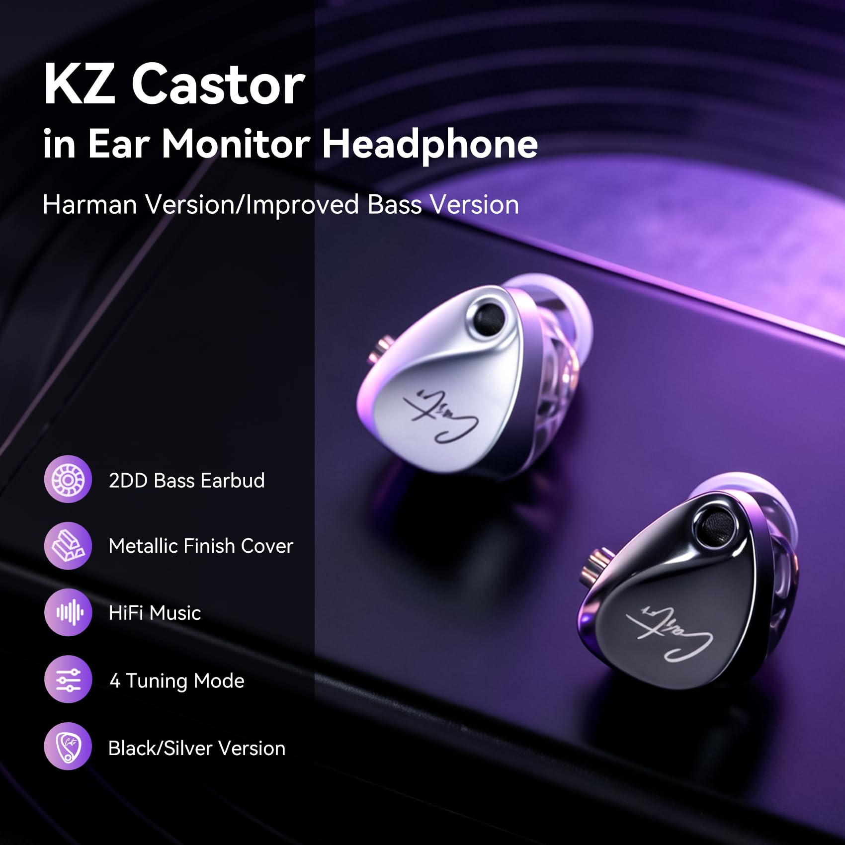 keephifi KZ Castor In-Ear-Kopfhörer, 2-poliges abnehmbares Kabel, Dual-Dynamik-Treiber, kabelgebundene Ohrhörer, HiFi, verbesserter Bass-In-Ear-Kopfhörer, Sound-Tuning, geräuschisolierend IEM