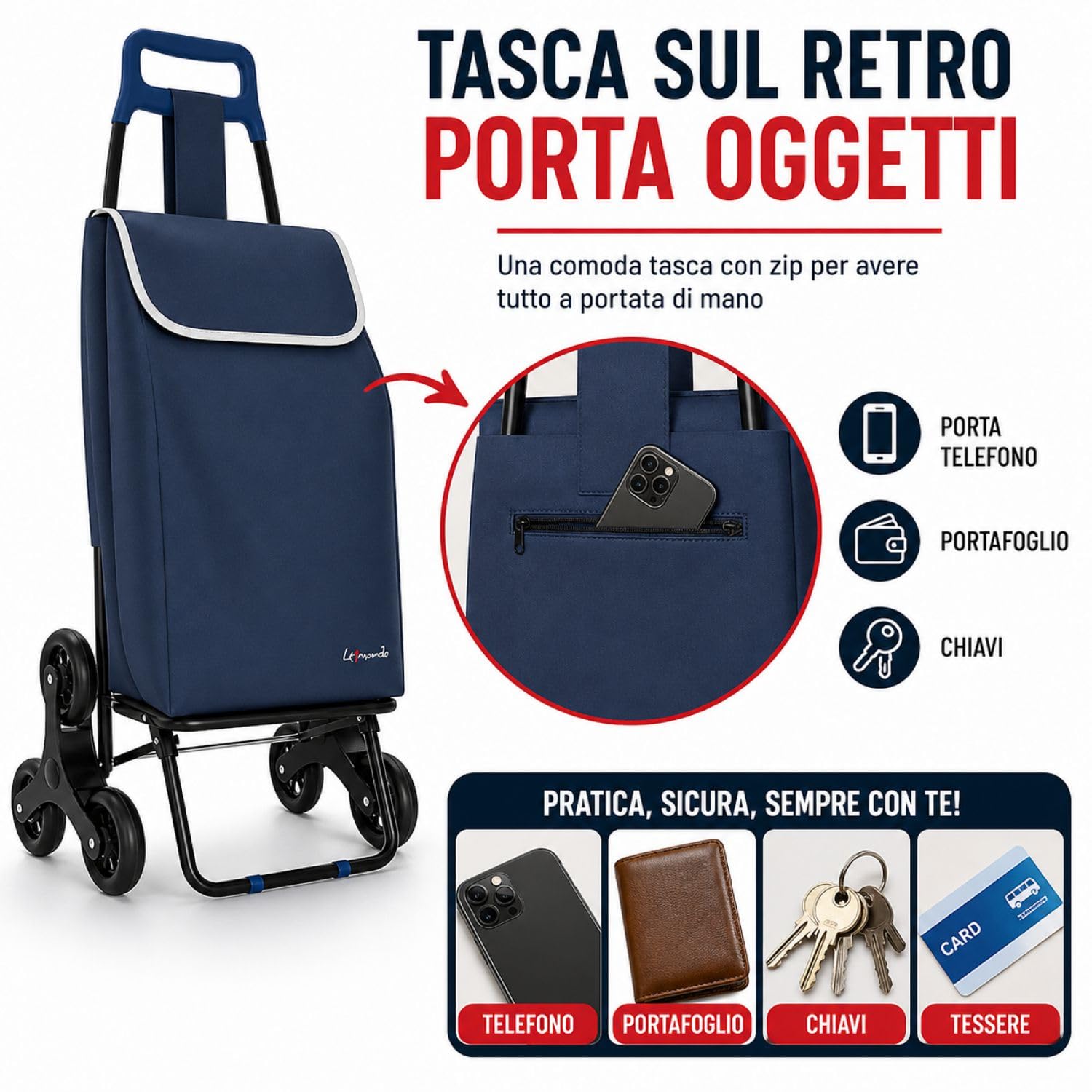 Leonardo Trolley per la Spesa con Tre Ruote Girevoli Saliscale, Portaspesa con Borsa Rimovibile