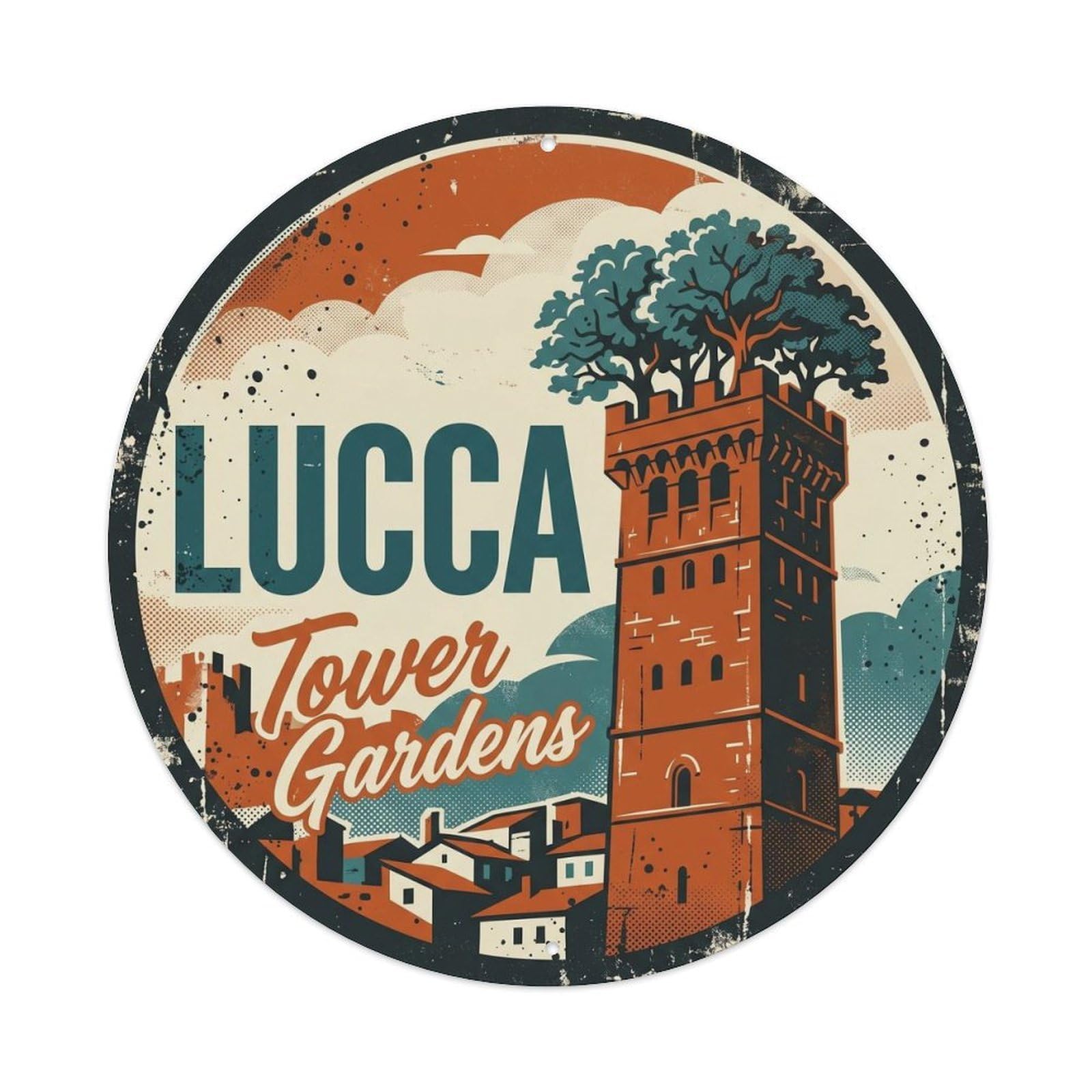 Lucca Tower Italy Landmark Vintage Travel Cartography Metal Tin Sign Plaque Wall Decor for Cafe, Man Cave, Club Bar, Office, Home Garden Round Metal Poster 8x8Inch