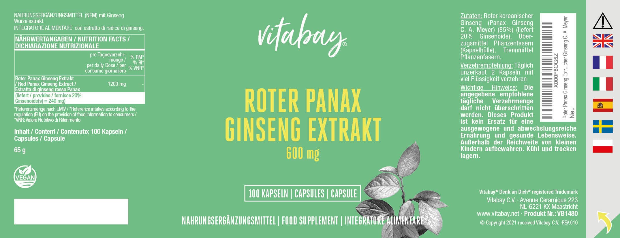 Vitabay Ginseng Rojo Panax 600 mg Extracto – 120 Cápsulas Veganas – Estandarizado al 20% Ginsenósidos – Verdadero Ginseng Coreano C.A. Meyer – Analizado en Laboratorio en Alemania – 2 Meses