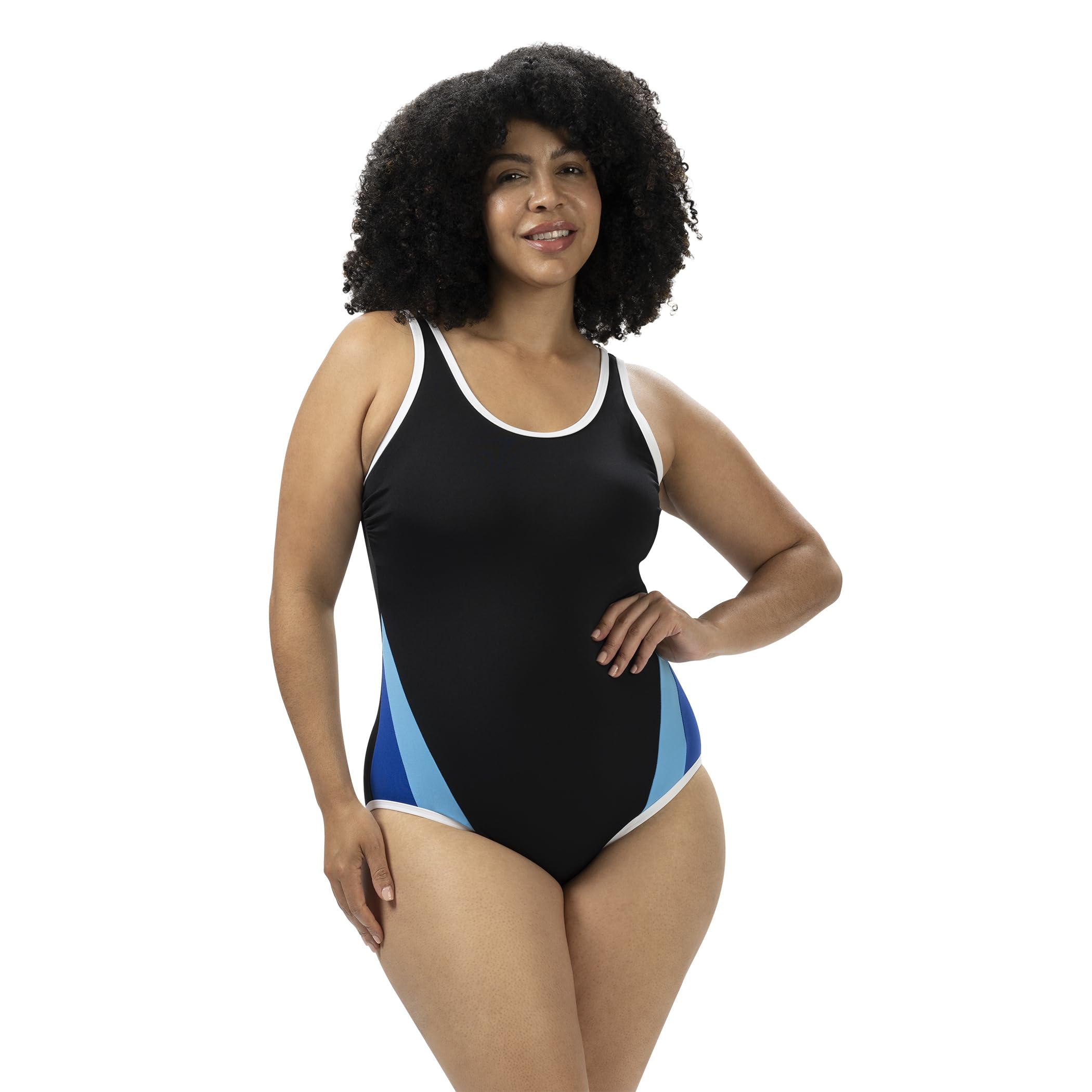 Dolfin Aquashape Women's One Piece Swimsuit - Color Block Moderat Cut Athletic Scoop Back Lap Suit (Black/Blue, 6)