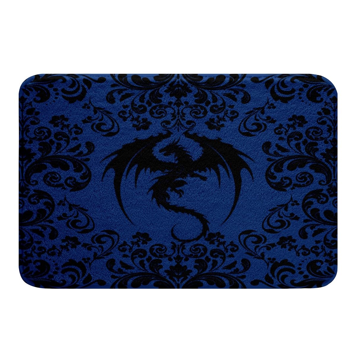 Erosebridal Boys Gothic Dragon Door Mat 20"X32" Boho Goth Blue Black Damask Bath Mat for Teen Adults Men Bohemian Exotic Floral Animal Bathroom Rug