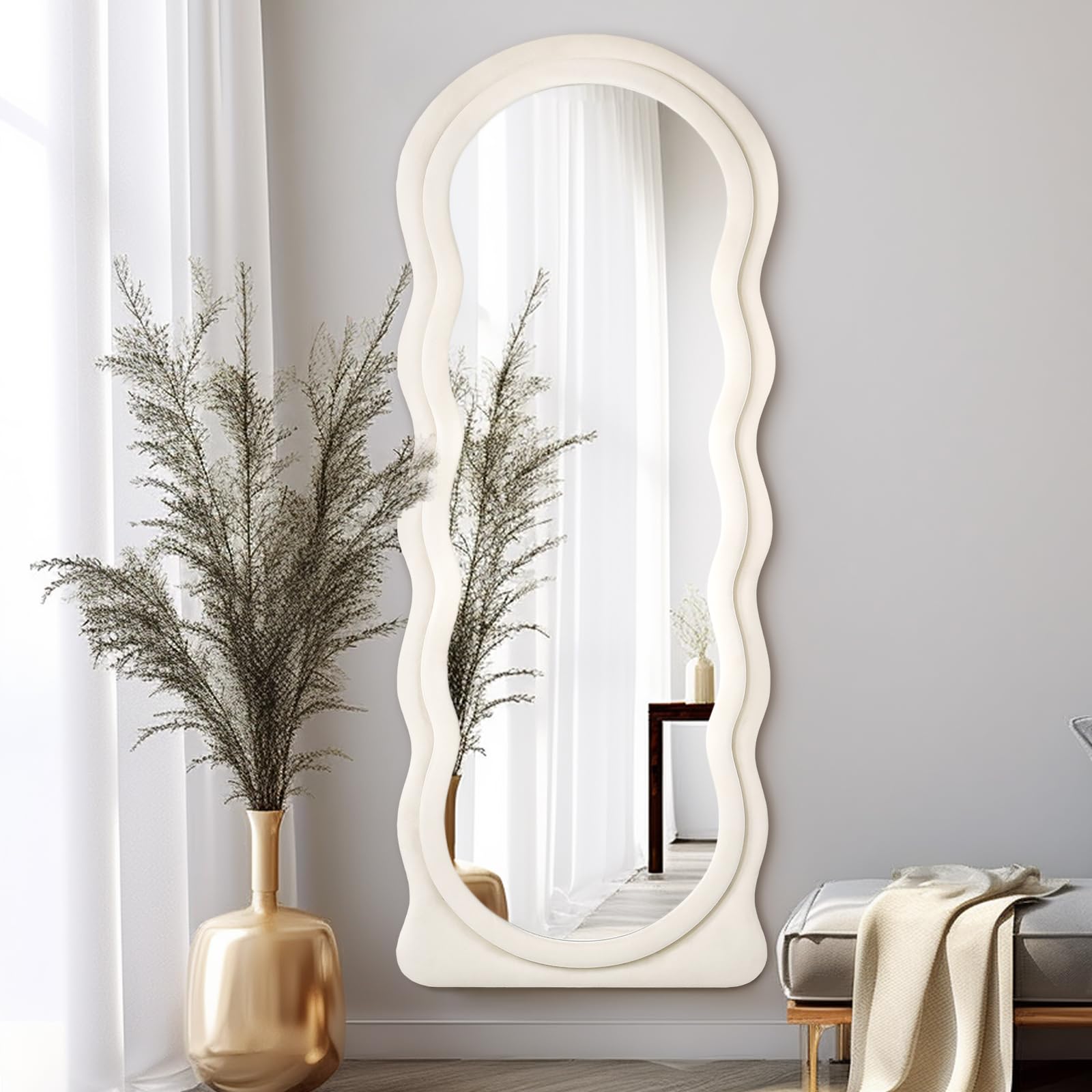 Espejo de cuerpo entero de 160 x 60 cm, irregular ondulado, espejo de cuerpo entero, montaje en pared, espejo de suelo con soporte, marco de franela blanco, espejo de pared inclinado para