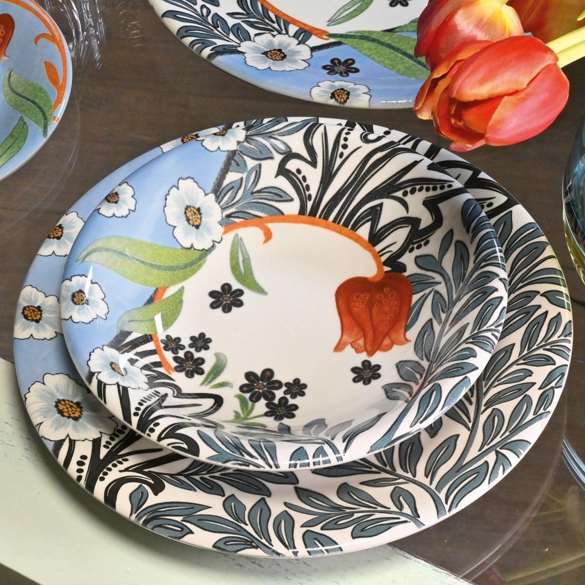 Wald Collezione da Tavola di Piatti Piani, Fondi, Frutta, Insalatiera e Portata in Ceramica, Decoro Tulipano, Lavabili in Lavastoviglie (Set Completo 20 pz)