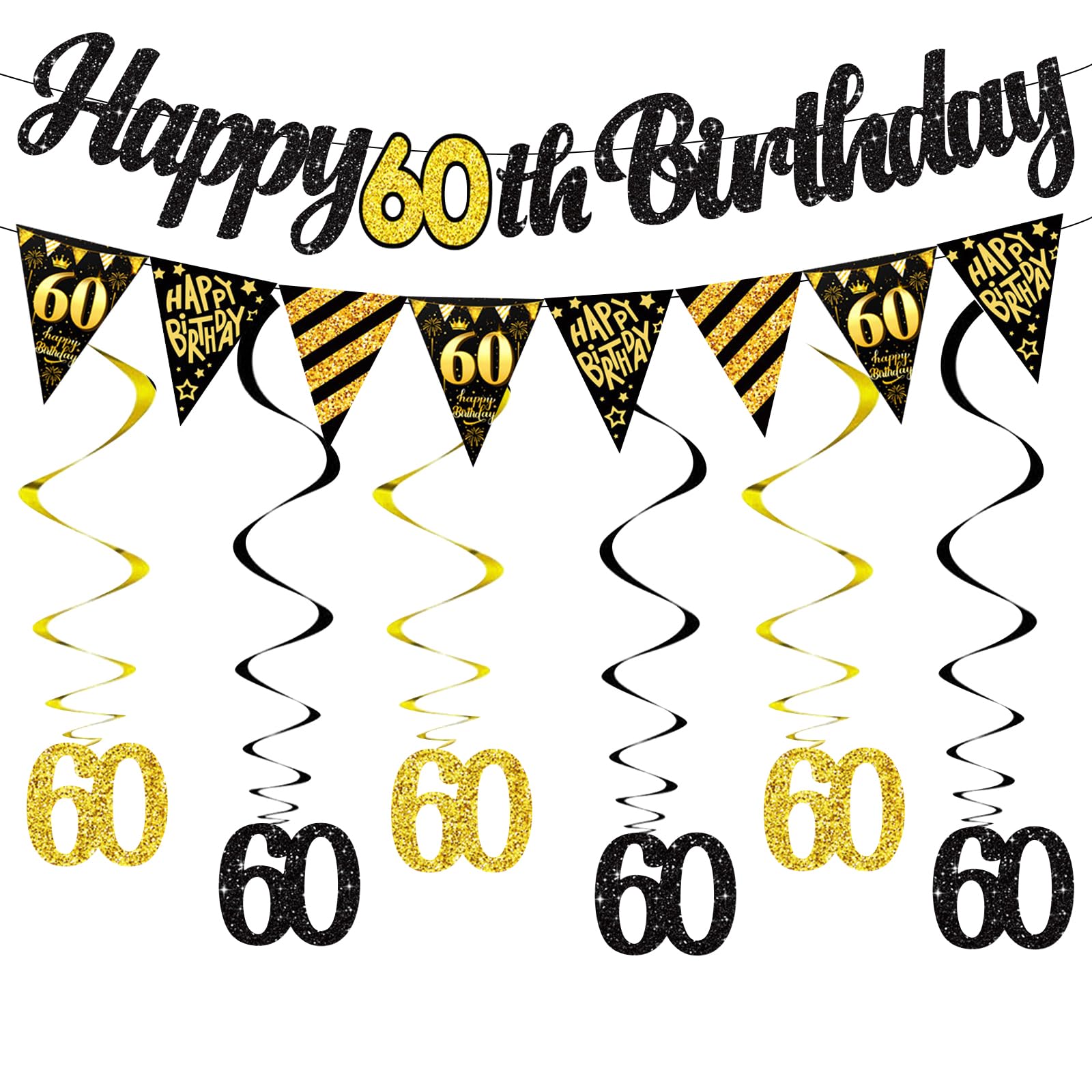 60th Happy Birthday Banners, Black and Gold Party Decorations, Happy 60th Birthday Hanging Swirls and Bunting, Party Photo Backdrop Supplies for Boy Girls Men Women