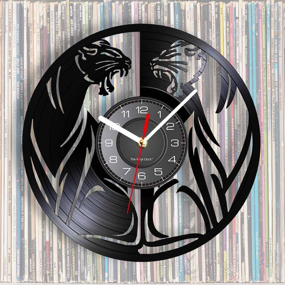 12'' African Wildlife Vinyl Record Wall Clock, Animal Beast Black Panther Wall Art Jungle Panther Silhouette Totem Silent Quartz Non Ticking Wall Clock Watch Battery Operated for Bedroom