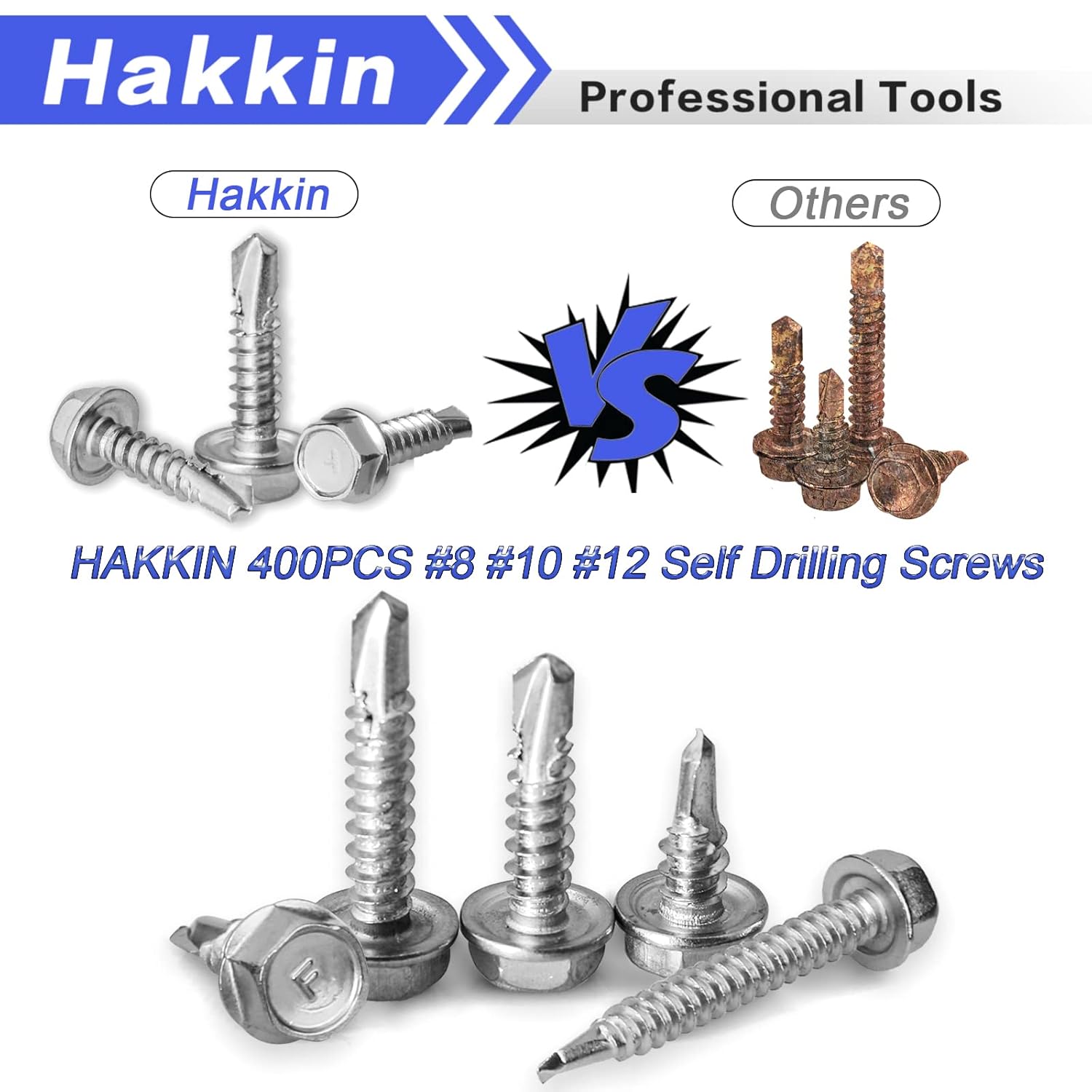 #8#10#12 Hex Washer Head Self Drilling Tek Screw Assortment Kit, 400PCS Stainless Steel Self Tapping Screws for Metal, Hakkin Sheet Metal Tek Screws with Rubber Washer, Length 1/2" to 2"