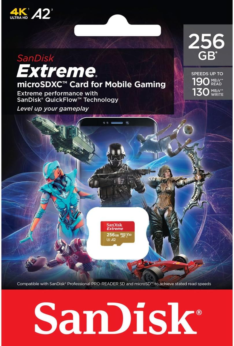 SanDisk 256GB Extreme microSDXC Card for Mobile Gaming, up to 190MB/s, with A2 App Performance, UHS-I, Class 10, U3, V30