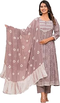 MEERA FAB Women's Cotton Printed Pink Anarkali Kurta with Palazzo & Dupatta Set