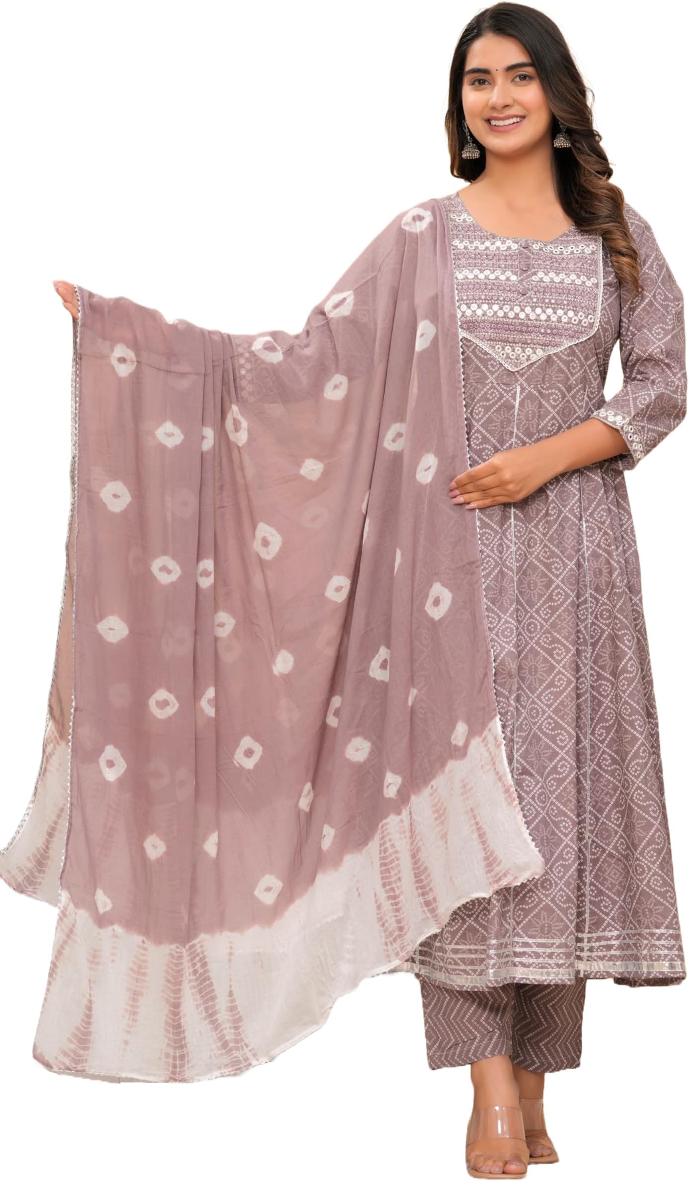 MEERA FAB Anarkali Kurta with Palazzo and Dupatta for Women Cotton Printed Pink