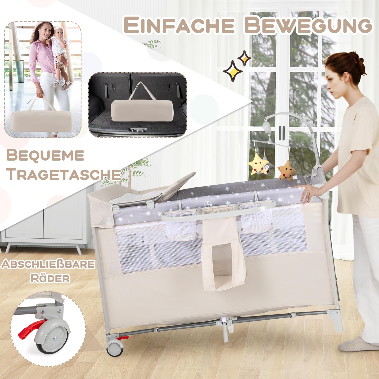 GOPLUS 5 in 1 Baby Beistellbett, Reisebett mit Wickelablage, Laufstall, Spieluhr, Spielzeug & Aufbewahrungskörben, Babybett klappbar mit Tragetasche für Baby bis 3 Jahren (Beige)