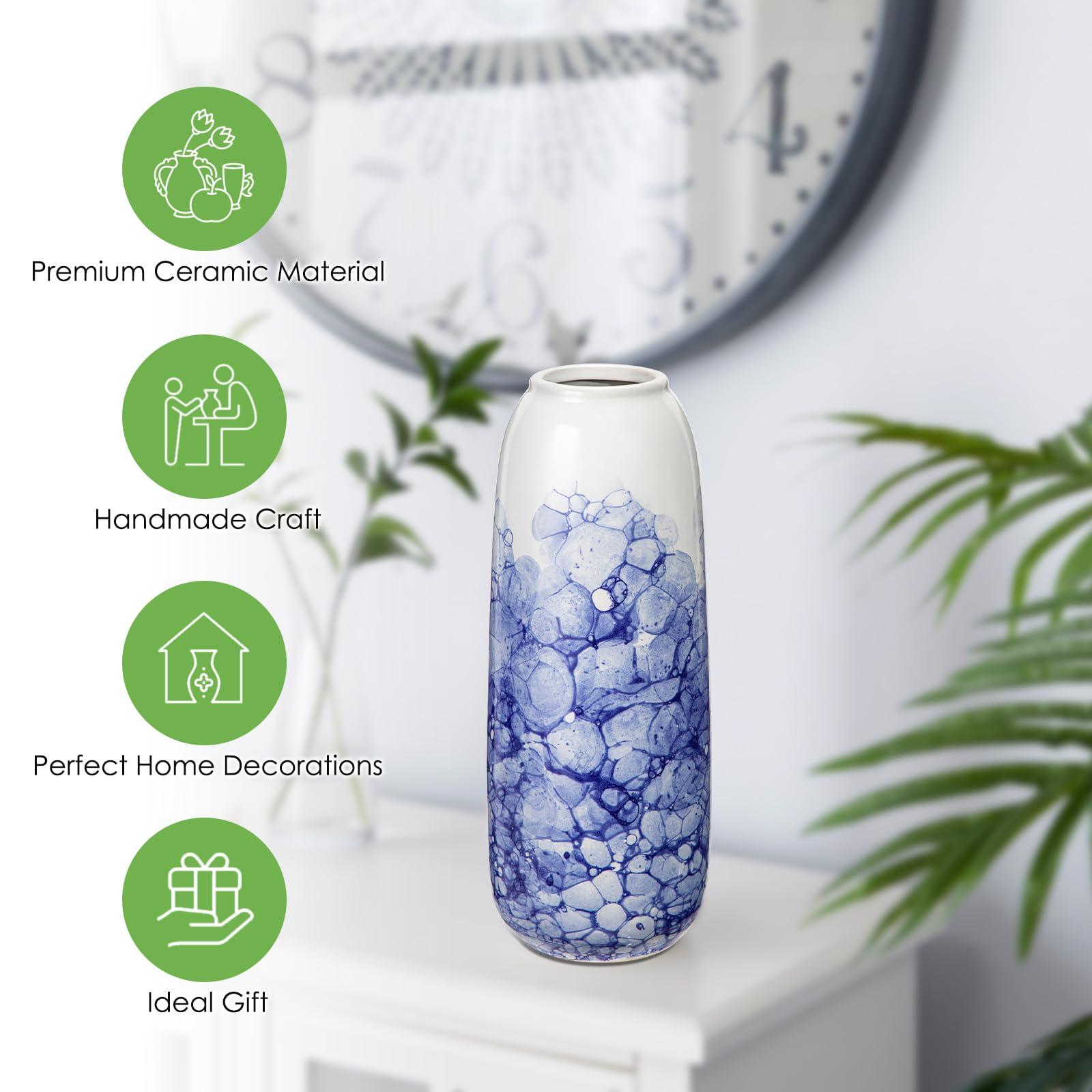 Hollyone 30CM Blue and White Ceramic Vase for Flowers Chinoiserie Porcelain Flower Vase for Home Decor Handmade Pottery for Living Room Shelf Dining Table Centerpiece Aesthetic Decorations - Image 3