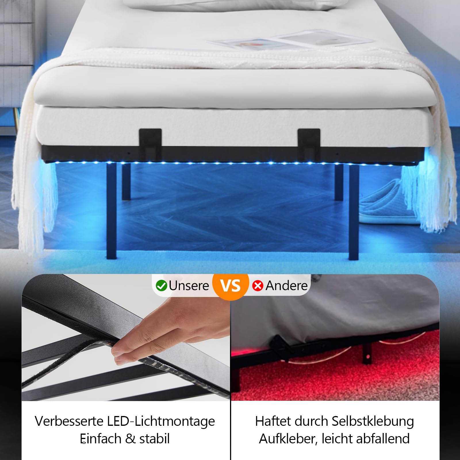 Bonnlo Bettgestell mit Lattenrost, Bett mit LED Beleuchtung, Metallbett Robust mit 1 AC-Steckdose und USB-C-Anschluss, Schwebenbett mit 36 cm Höhe schwarz (ohne matratze) (90 x 200 cm)