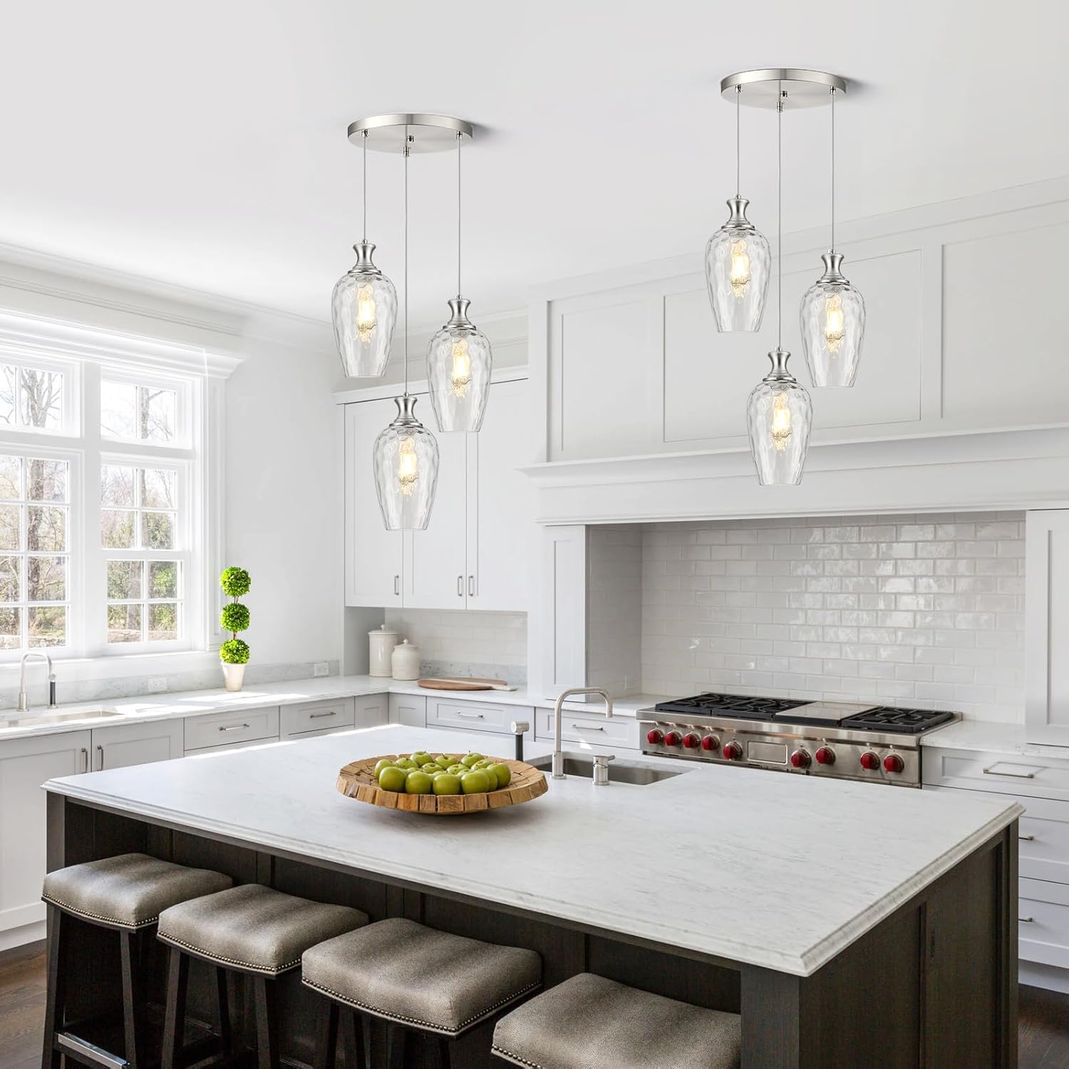 3-Light Pendant Lighting, Modern Brushed Nickel Dining Room Chandelier Light Fixture Over Table with Hammered Glass, Brass Cluster Hanging Lights for Kitchen Island Dining Room Bedroom, E26