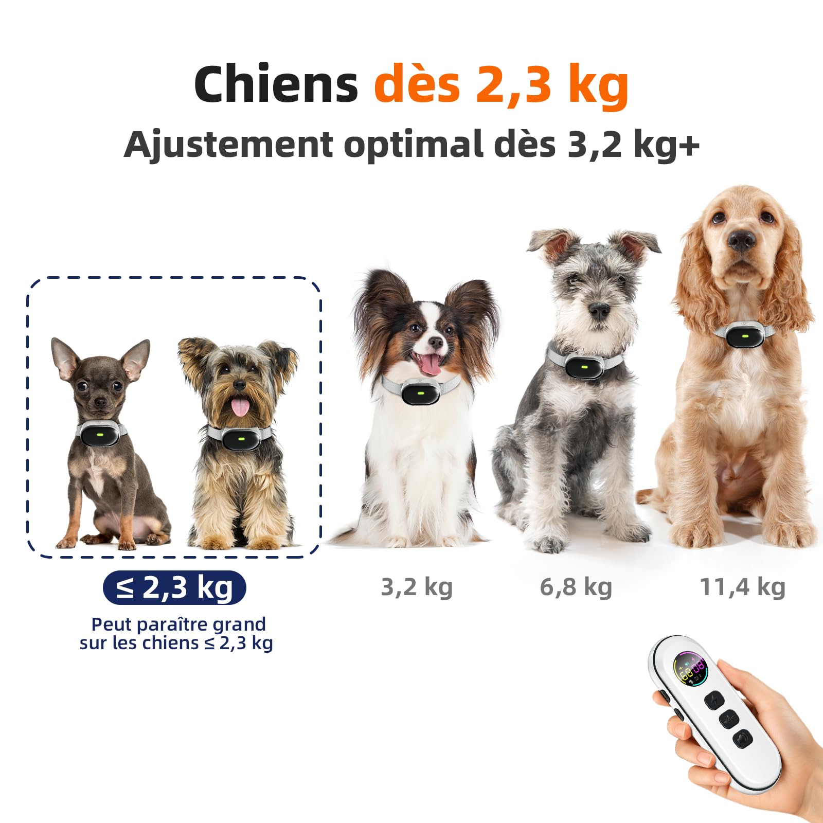 Collier d'entraînement Ultra-léger et Fin avec télécommande de 400 mètres, adapté aux Petits Chiens de 2,3 à 6,8 kg et aux Chiens de Taille Moyenne, (Blanc)