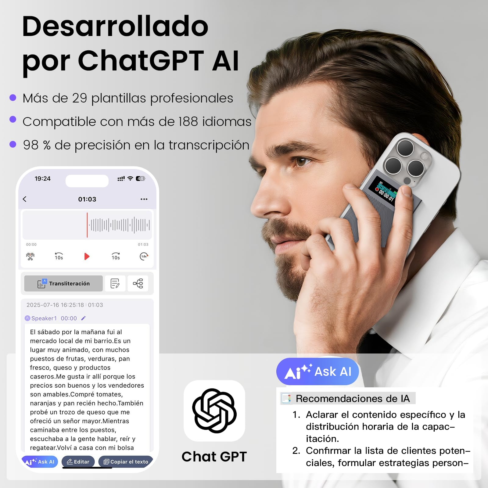 Grabadora de voz NEWYES Ailog IA con aplicación dedicada,transcripción y resumen,traducción a más de 188 idiomas, 64 GB de memoria para reuniones,conferencias, llamadas,negocios y clases