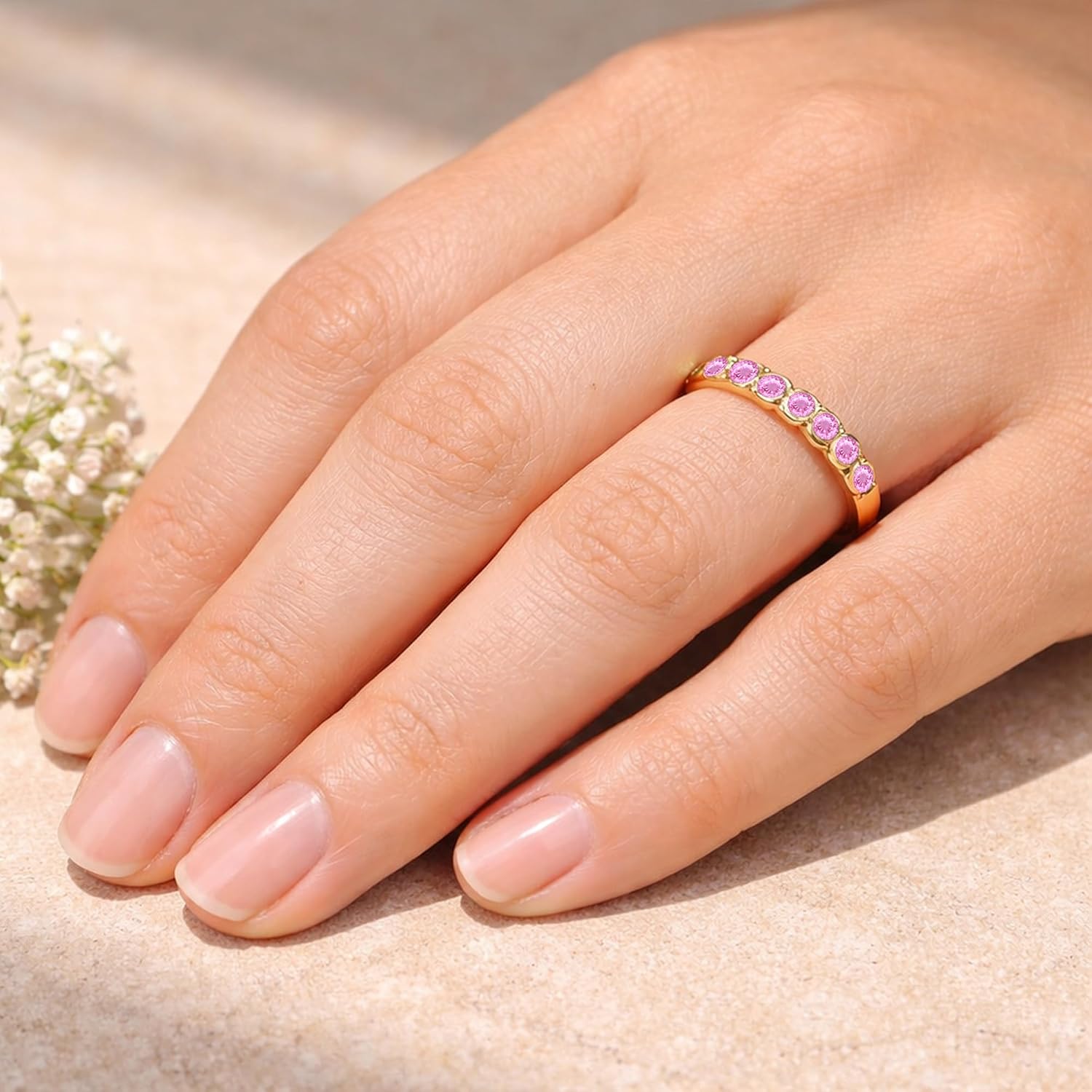 Round Cut pink Sapphire Bezel Set Wedding Anniversary Band For Women, 14K Gold Plated 925 Silver September Birthstone Blue Sapphire Bezel Half Eternity Ring