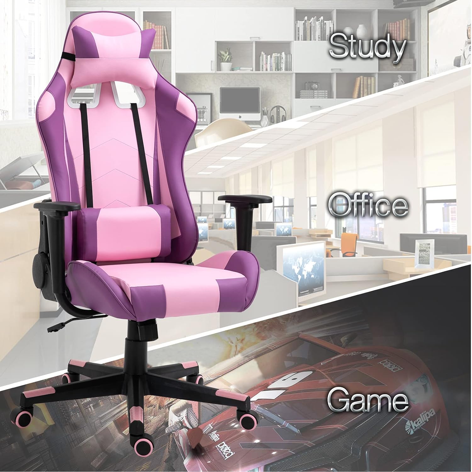 Modern-Depo Gaming Chair with Headrest and Lumbar Support, Height Adjustable Swivel Office Chair, High-Back Recliner, Purple Pink
