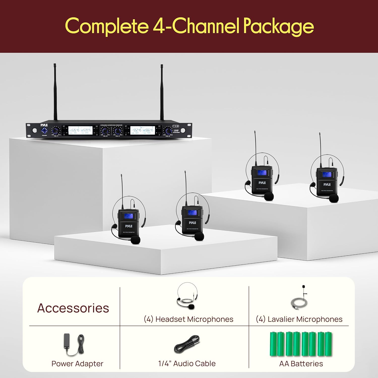 Pyle Wireless Microphone System with 4-Channel Mic Receiver | Includes 4 Lavalier & 4 Headset Mics | Independent Volume Controls and Rack Mountable Design | 300 ft Range for Live Conferences & Events