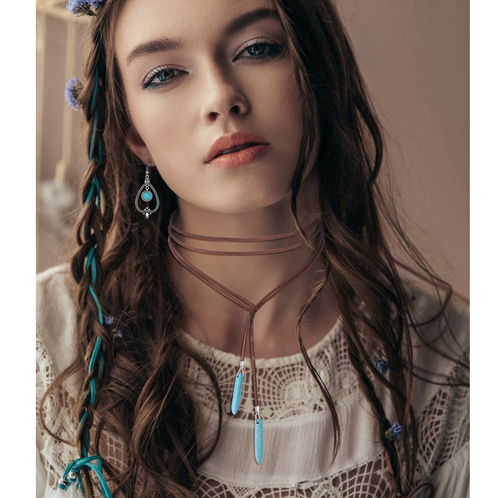 JeweBella Zestaw biżuterii damskiej w stylu boho w stylu vintage, turkusowy, wisiorek w stylu boho, turkus, bransoletka, biżuteria indiańska, biżuteria vintage, turkusowa, biżuteria, boho, kamizelka,