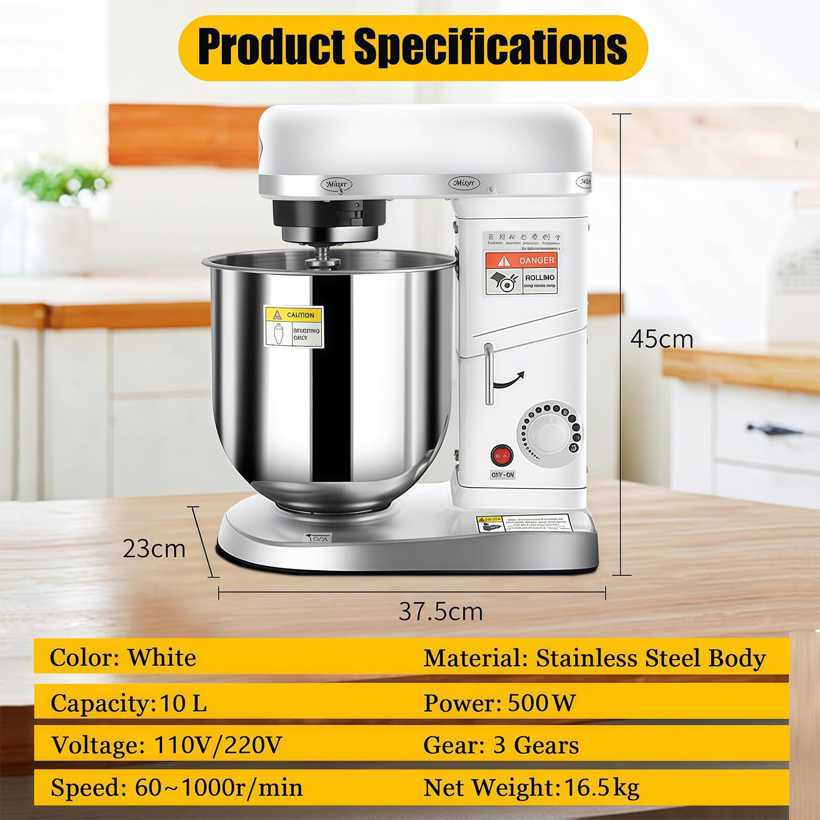Robot De Cocina de Pie Comercial Mezcladora Multifunción, 3 Velocidades Ajustables con Bol de Acero Inoxidable, Gancho Amasador & Batidor para Pasteles para Panadería Pizzería Restaurante 10L
