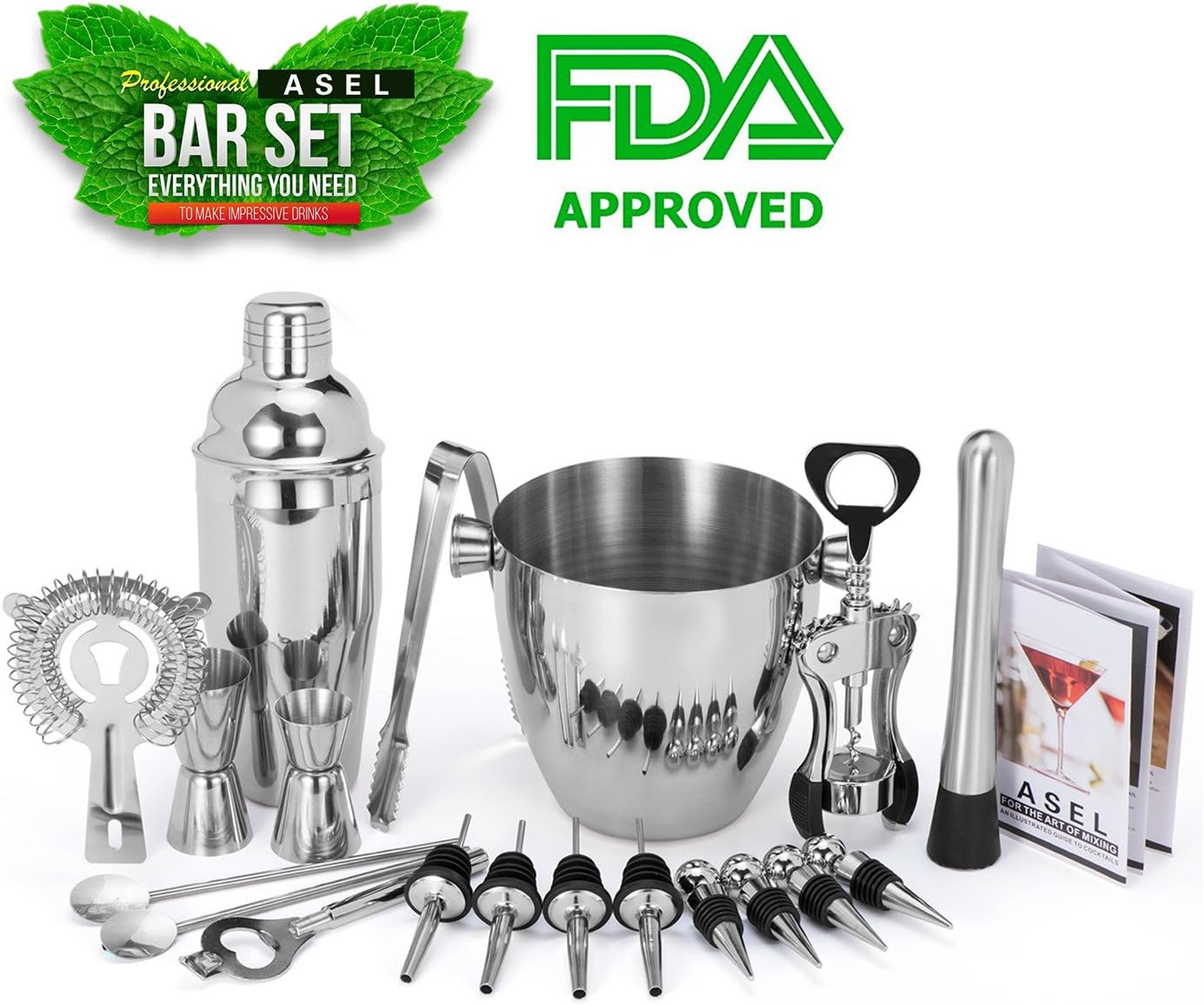 ASEL Premium Stainless Steel 19 Piece Cocktail Making Set Bartender Kit, Bar Kit Includes Essential Barware Tools and Ice Bucket, Bar Measures, Ice Tongs, Pourers, Muddler, Cocktail Strainer, Recipe Guide