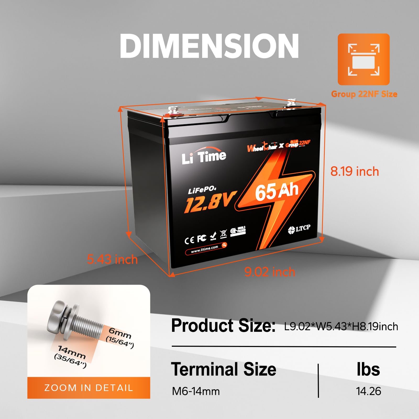 Litime 12V 65Ah LiFePO4 Battery, Group 22NF Wheelchair Lithium Battery with Low-Temp Protection, Built-in 65A BMS, 832Wh Energy for Electric Wheelchair, Mobility Scooter, Trolling Motor, Camping