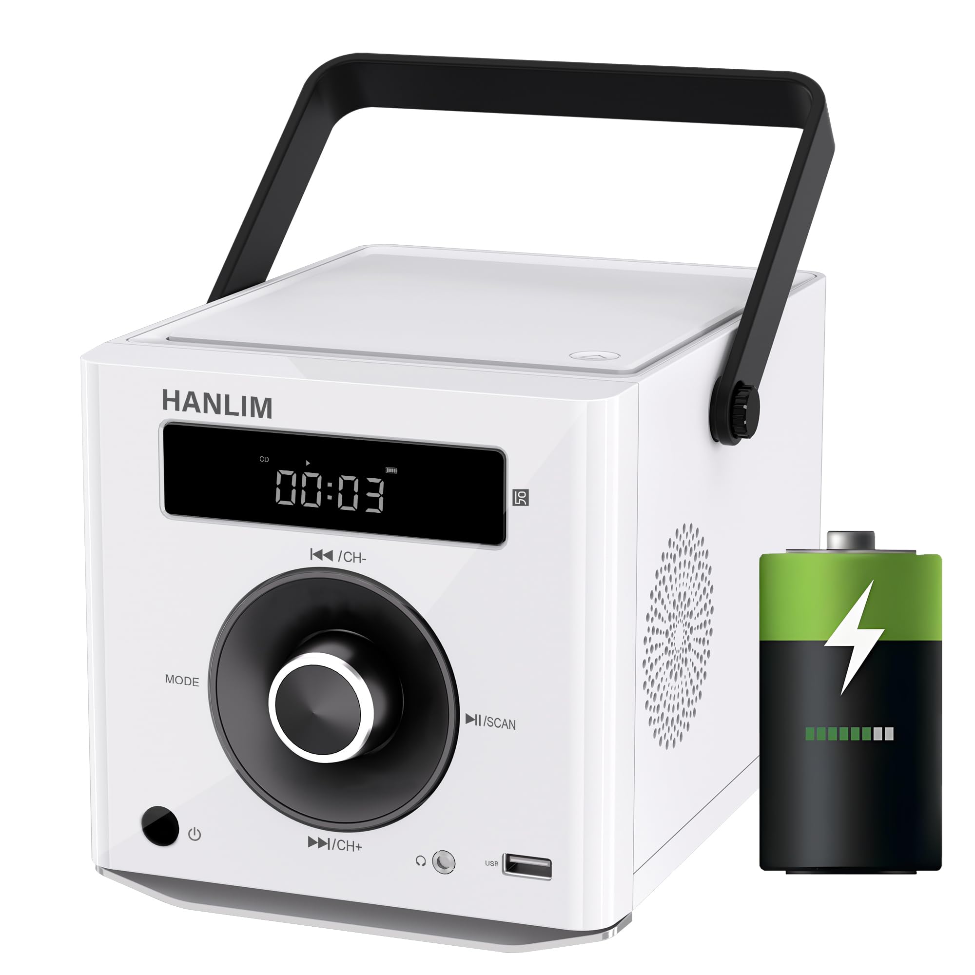 CD Player Tragbar mit Bluetooth, UKW Radio, 2000mAh wiederaufladbare Akku, MP3-Wiedergabe/USB/AUX-Eingang/Kopfhöreranschluss/Fernbedienung, 10W Lautsprecher, kompakter Tragbarer CD-Player, Weiß