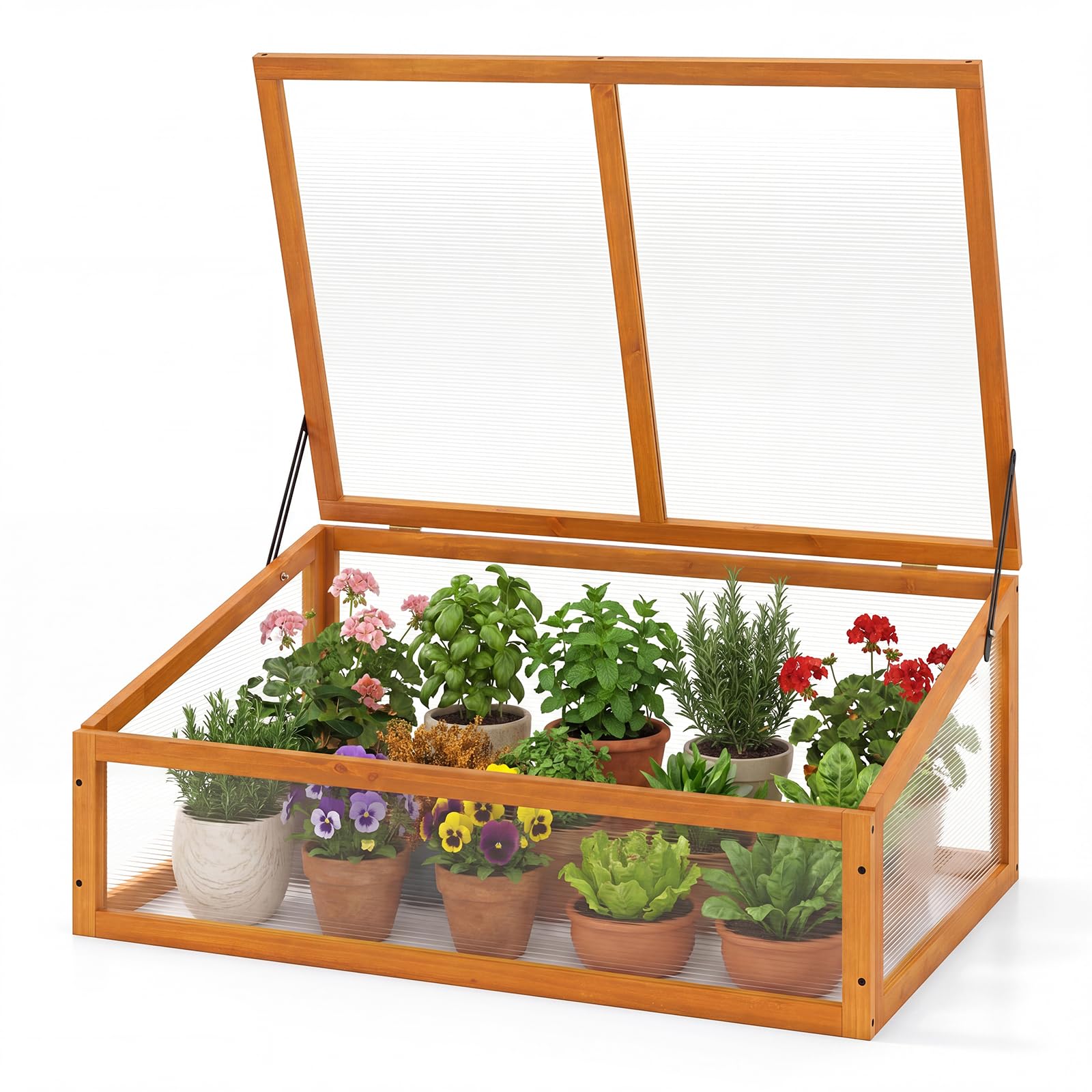 GYMAX Serre de Jardin en Bois, 94 x 63 x 40 cm, Jardinière de Culture de Plantes avec Panneaux Transparents, Toit Rabattable, Protection Hivernale Intérieure et Extérieure pour Balcon (Orange)