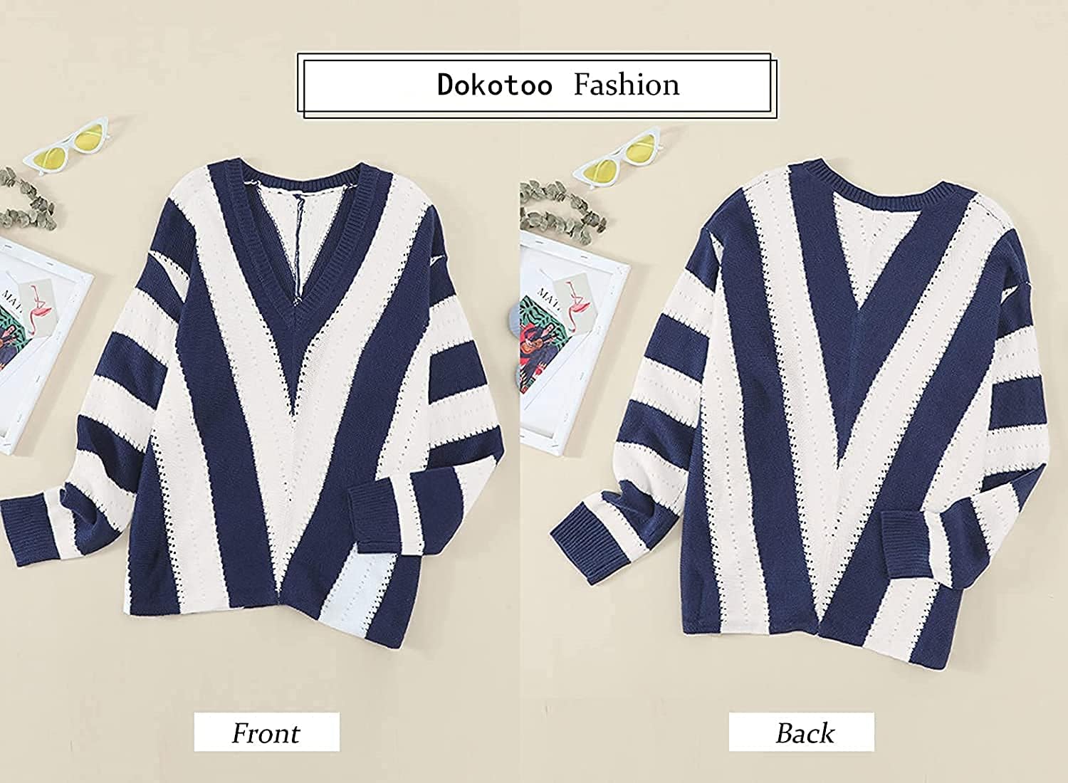 Dokotoo Maglione da Donna con Scollo a V Maglia Termica Invernale Manica Lunga Pullover a Righe Elegante Felpa S-XXL