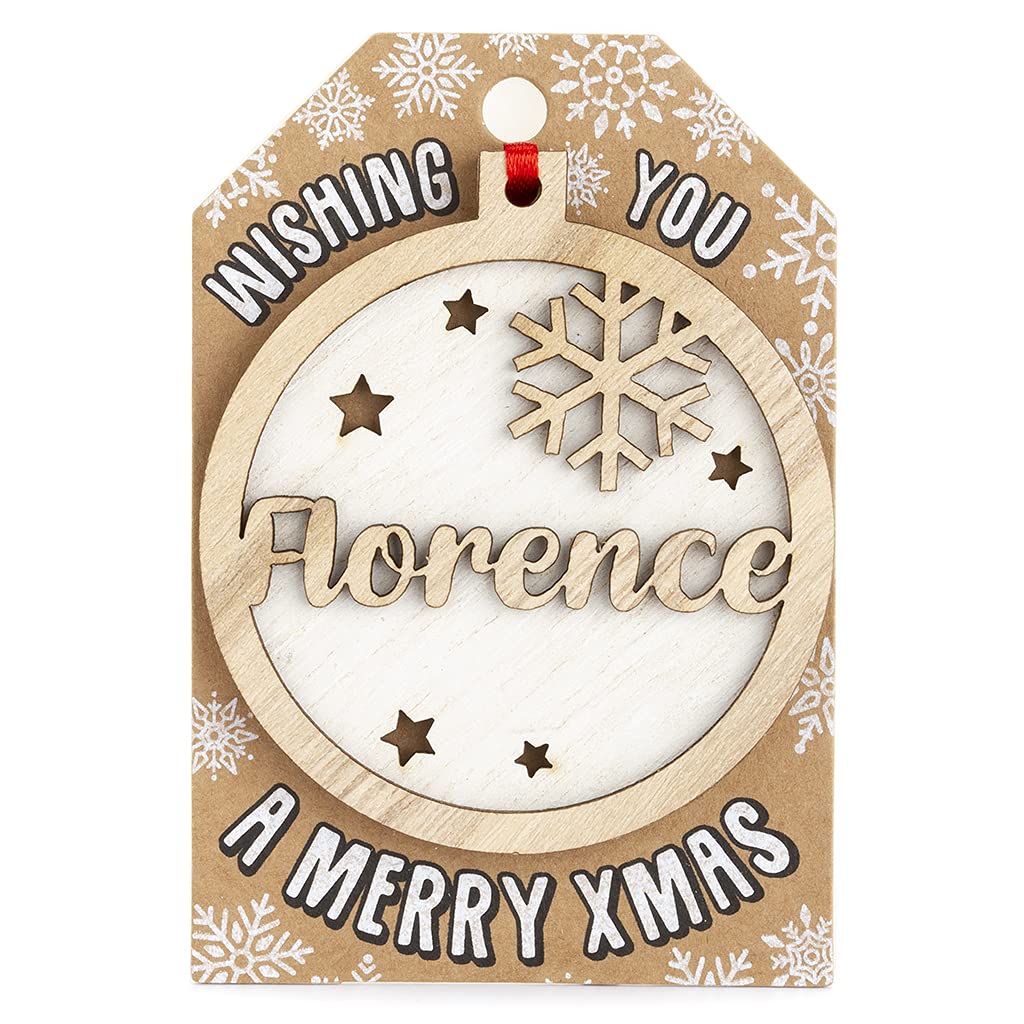 Personalised Wooden Florence Name White Hanging Christmas Tree Bauble Decoration