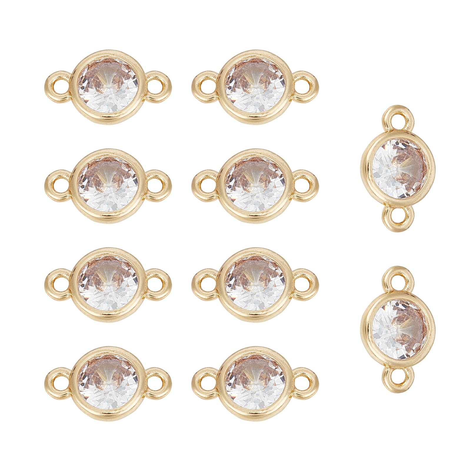 NICENEEDED 10 Pcs Cubic Zirconia Links Charms, 14K Gold Plated Round Glass Gemstone Pendants