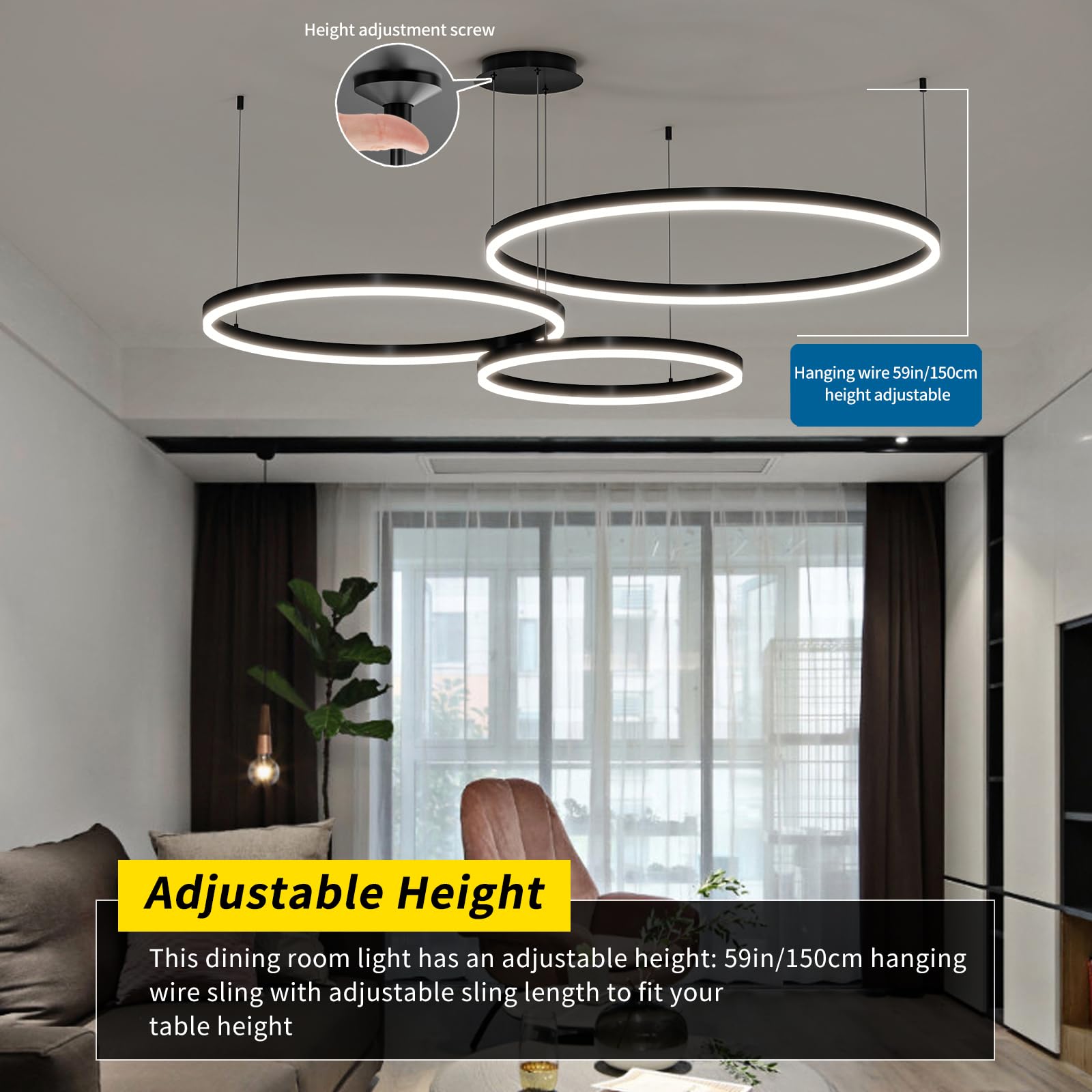 Mikeru 3 Ringe LED Pendelleuchte, 20+40+60cm Küchenlampe Hängeleuchte Modern Esszimmer Dimmbar 10% bis 100% 3000K/4500K/6000K Hängelampe LED Esstisch für Wohnzimmer, Küche