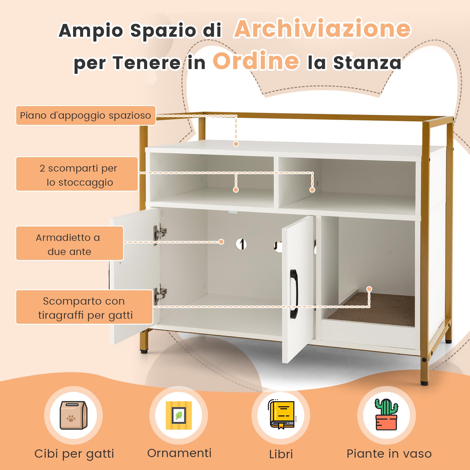 GYMAX Casetta per Gatto, Mobile Lettiera per Gatti, con Robusto Telaio in Metallo, Tiragraffi, Scaffali di Stoccaggio in Legno, Stile Industriale, 89 x 45 x 74,5 cm (Bianco)