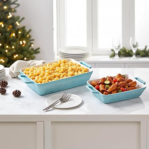 Miniatura 8 de Hacaroa Juego de 3 platos de cerámica para hornear, rectangulares con asas, elegante juego de cacerola para lasaña para hornear, cocinar, cena de