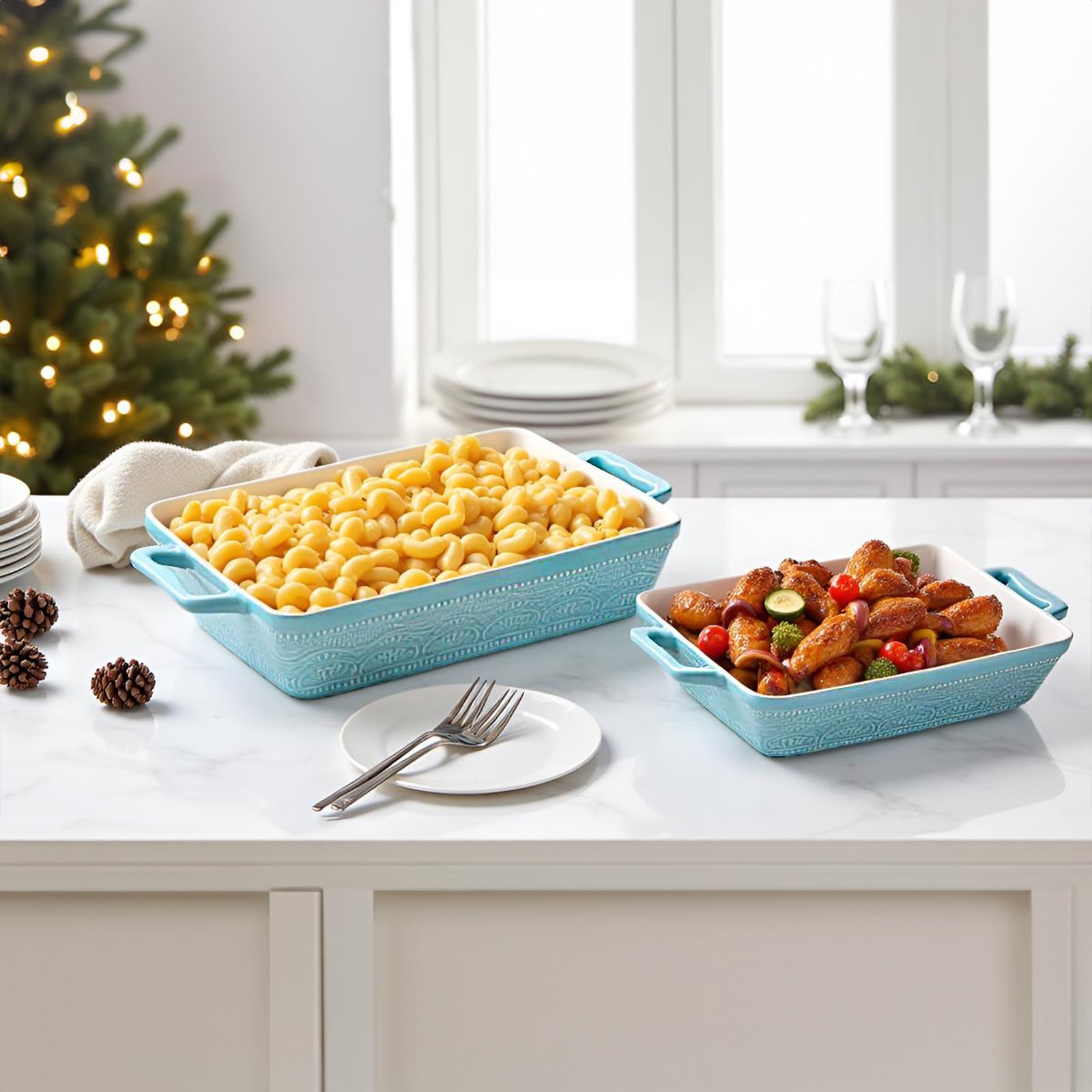 Hacaroa 3er Set Keramik Auflaufform, Rechteckige Backformen mit Griffen, Elegante Auflaufform Set Lasagnepfanne zum Backen, Kochen, Kuchen Abendessen, Bankett, Seeblau, 3 Größen