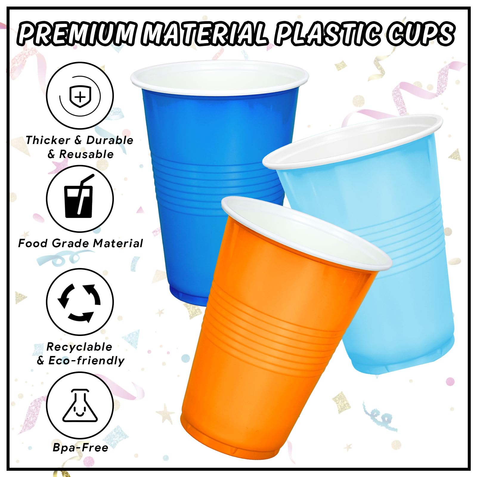 JarThenaAMCS Einweg-Trinkbecher, stapelbar, Partybecher für Welpen, Hunde, Geburtstag, Babyparty, Camping, 473 ml, Orange / Blau, 150 Stück