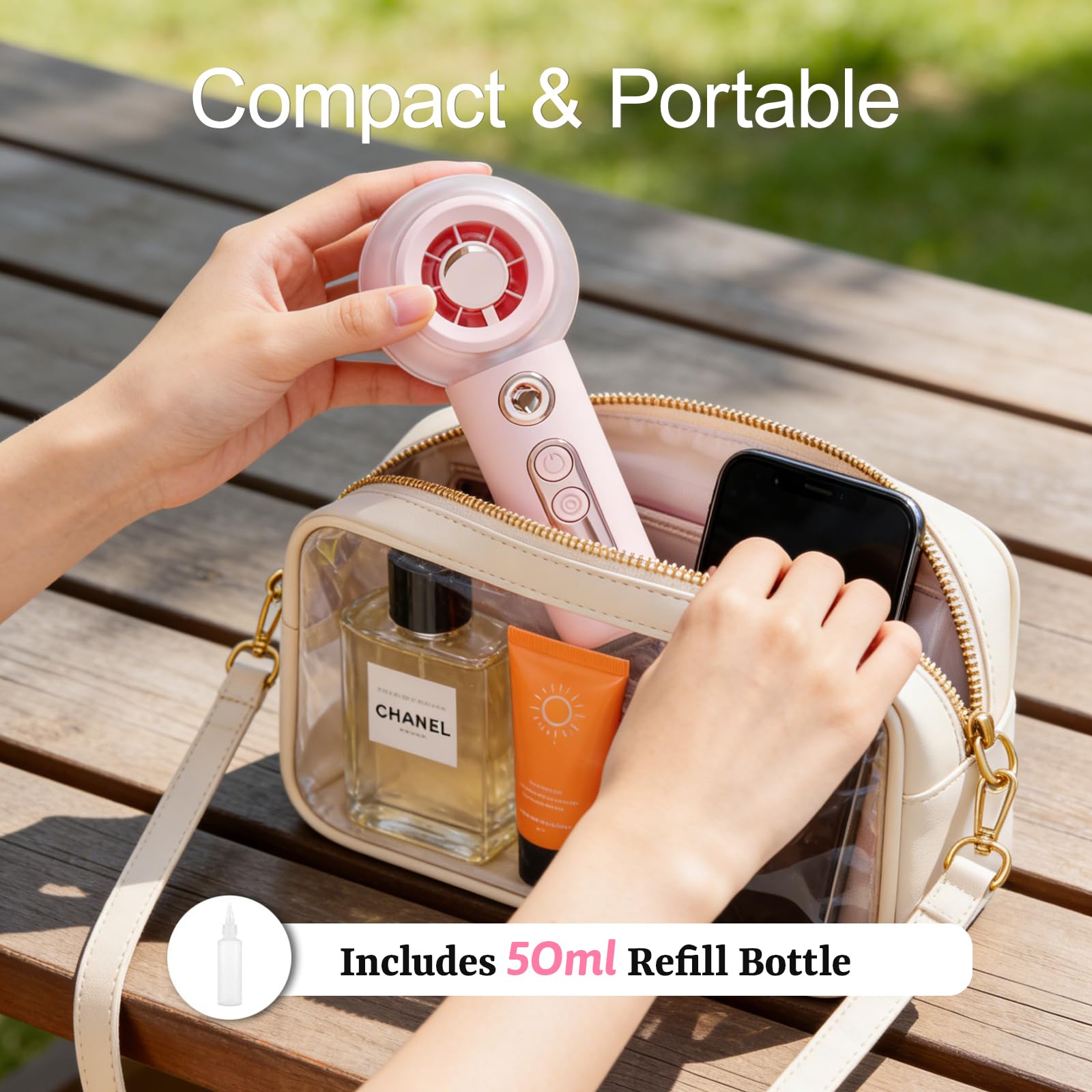HandFan Ventilateur de poche, Portable, électrique, à batterie rechargeable par USB, Mise à niveau 34 ml, mini ventilateur pliable, avec réservoir d'eau, pour bureau, maison, voyage, camping, fête