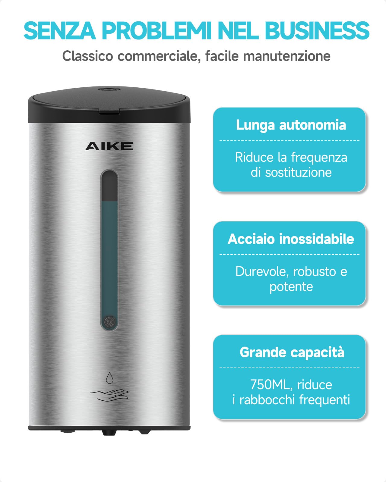 AIKE AK1205E Dispenser di Sapone Automatico da Parete, Grande Capacità in Acciaio Inox per Sala da Pranzo e Bagno