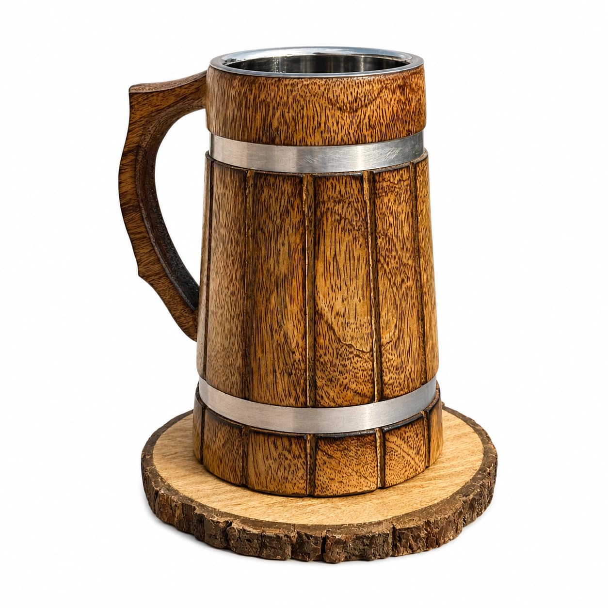 POSHIO Wooden Beer Mug with Coaster – 600 ML / 20.2 OZ Barrel-Shape Tankard, Solid Wood Exterior & Stainless Steel Inner Cup – Rustic Bar Mug, Gift Items for Men (Light Brown, BarrelCraft)-image-16