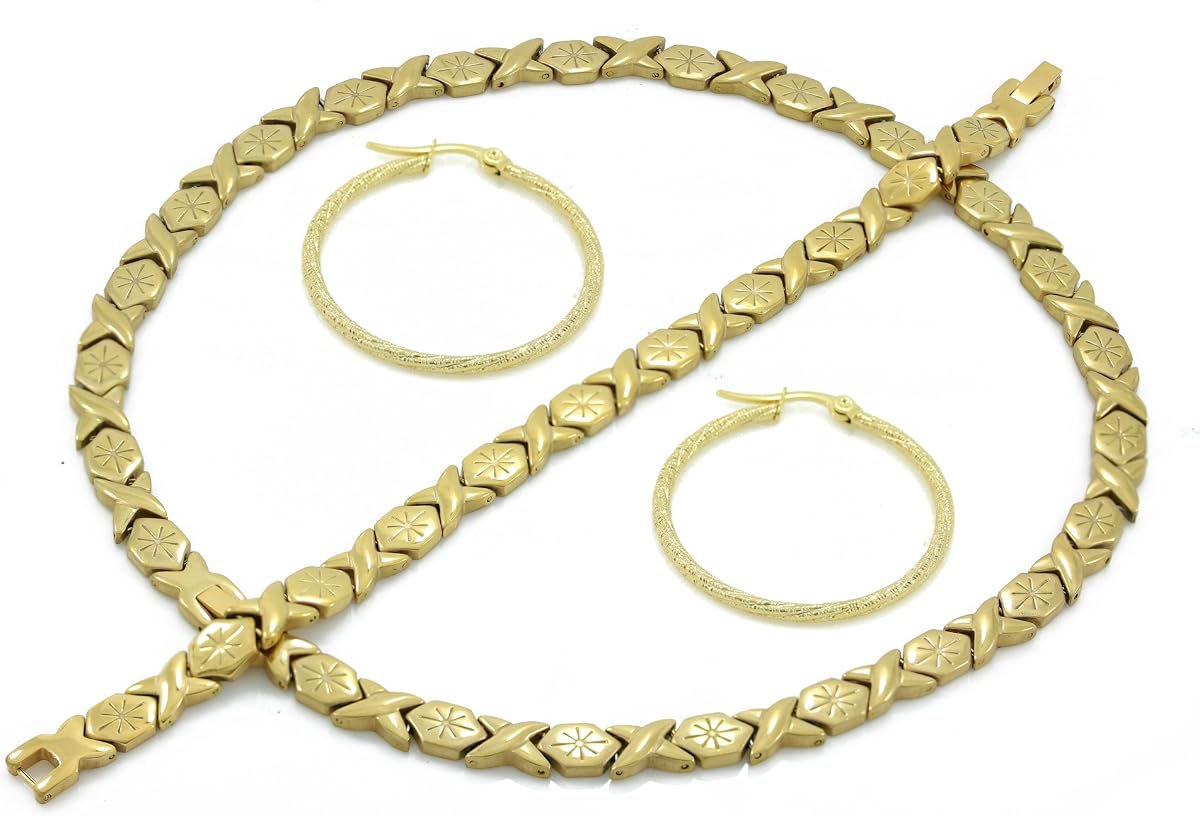 Womens Gold Finish Hugs & Kisses Necklace Bracelet Set With Hoop Earring
