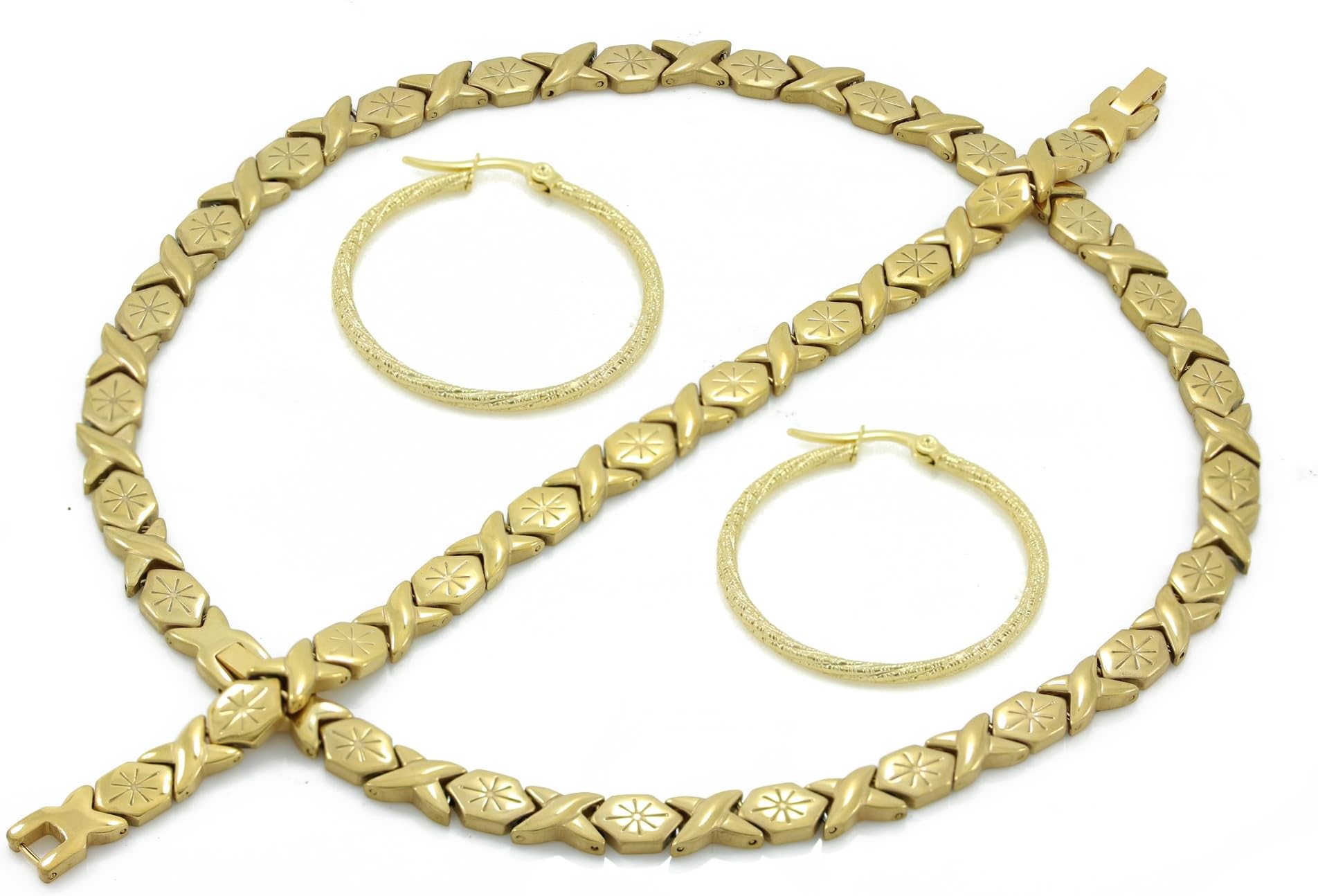 SPARKLE XOXO Womens Gold Finish Hugs & Kisses Necklace Bracelet Set With Hoop Earring