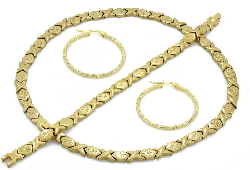 Womens Gold Finish Hugs & Kisses Necklace Bracelet Set With Hoop Earring