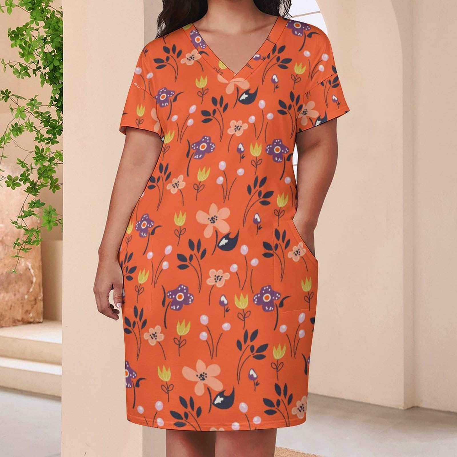 Vestido de Mujer Casual de Verano de Manga Corta, Moda Impresiones V Cuello Vestidos con Bolsillo, Vestidos Largos de Playa Talla Grande Suelto