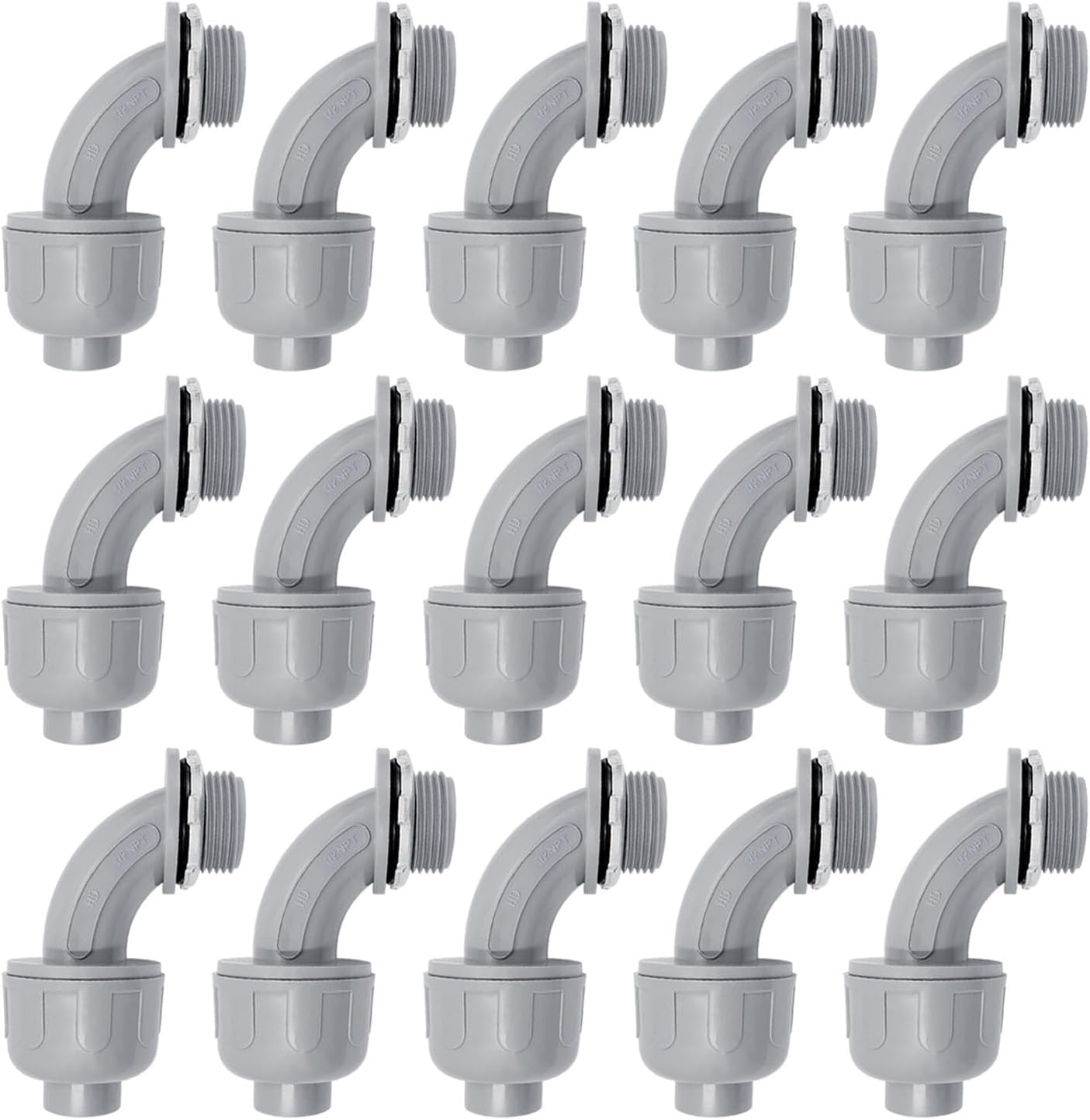 1/2 Inch Liquid Tight Connector - 15 Pack PVC Electrical Conduit Fittings 90 Degree Flexible Connectors for Home, Kitchen, and Bathroom Conduit Connector