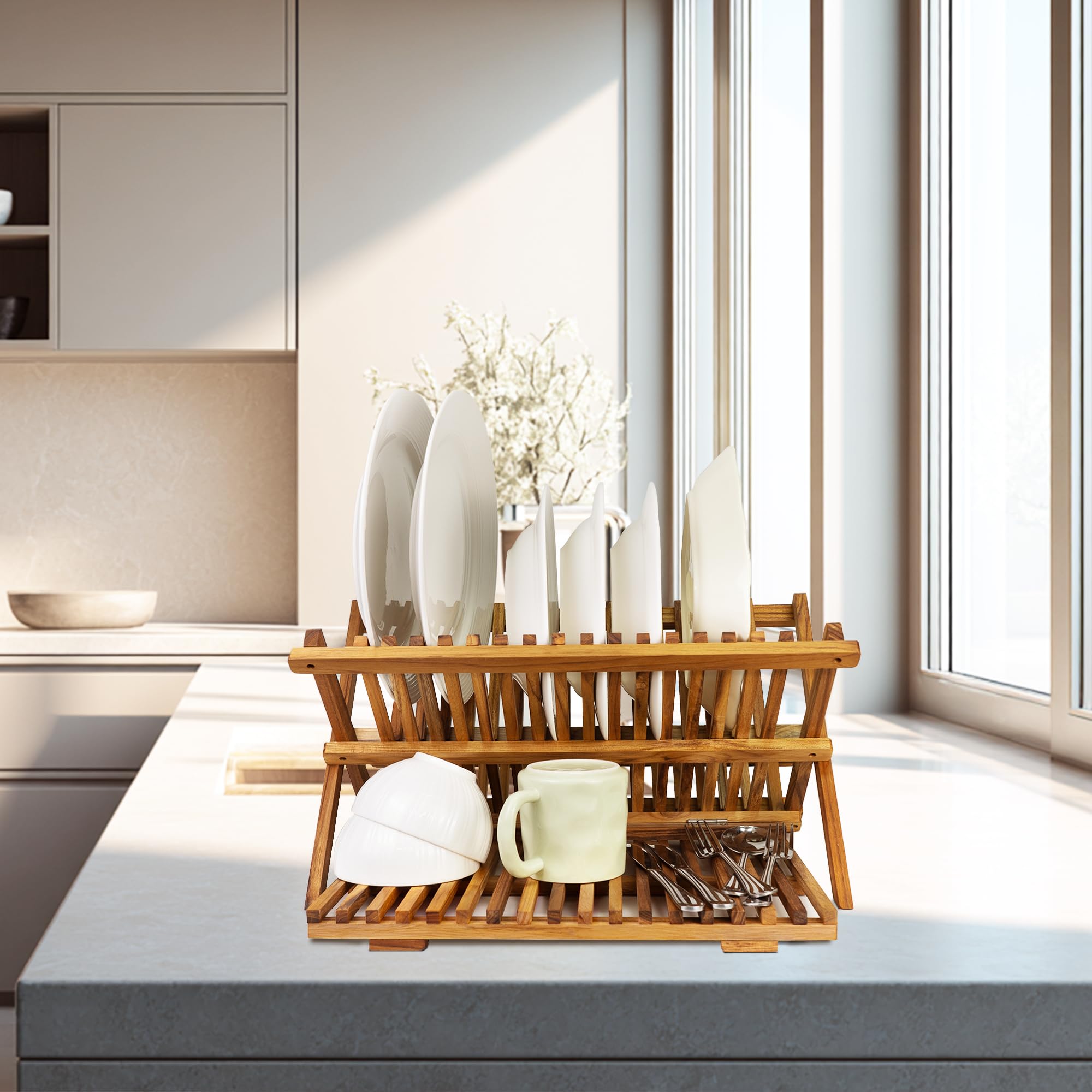 Utoplike Secador de Platos Plegable de Madera de Teca de 3 Niveles | Escurridor de Platos Plegable de Gran Capacidad, Organizador de Cocina para Platos y Tazas Que Ahorra Espacio