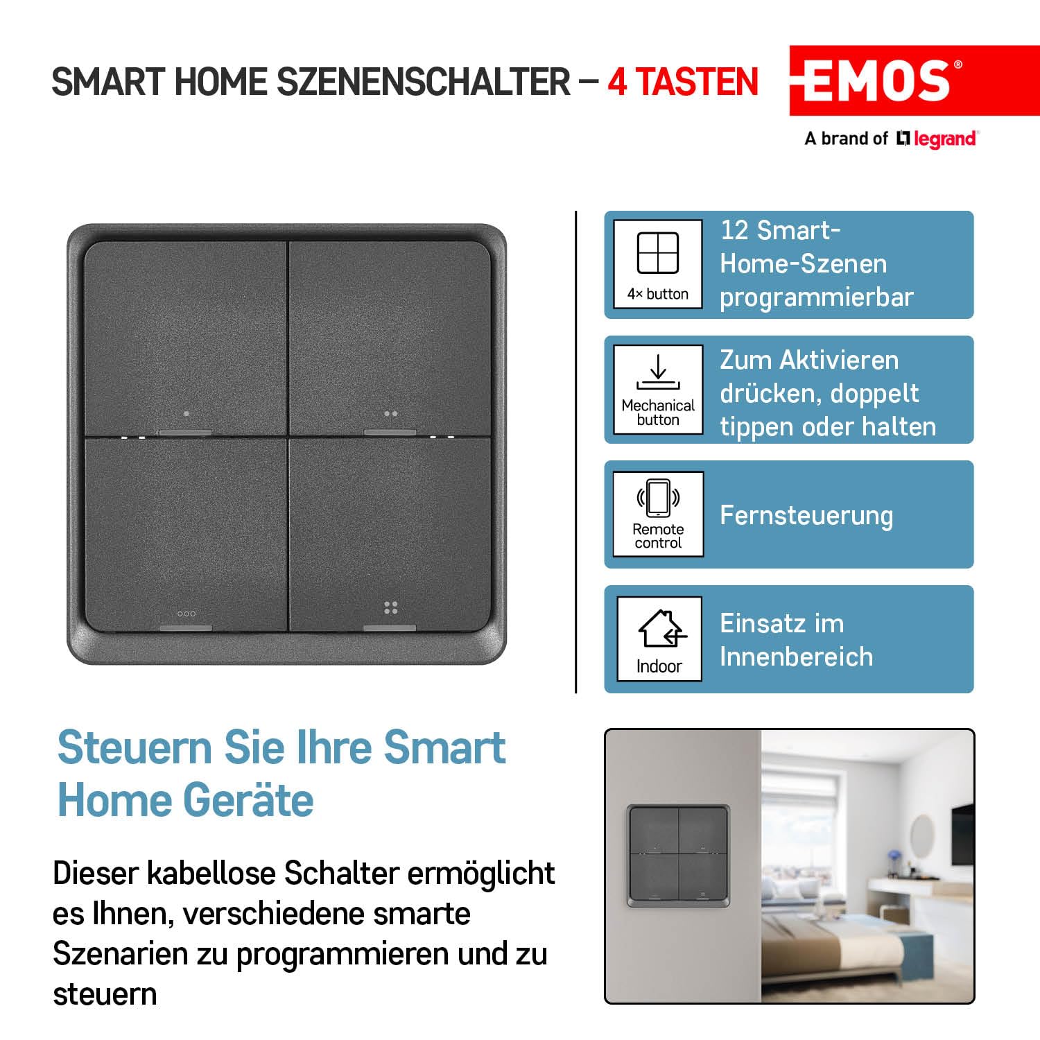 Interruttore Smart Portatile Per Scene Domestiche | ZigBee 3.0 Con 4 Pulsanti E 12 Scene | Batteria CR2430 Inclusa - Foto 5